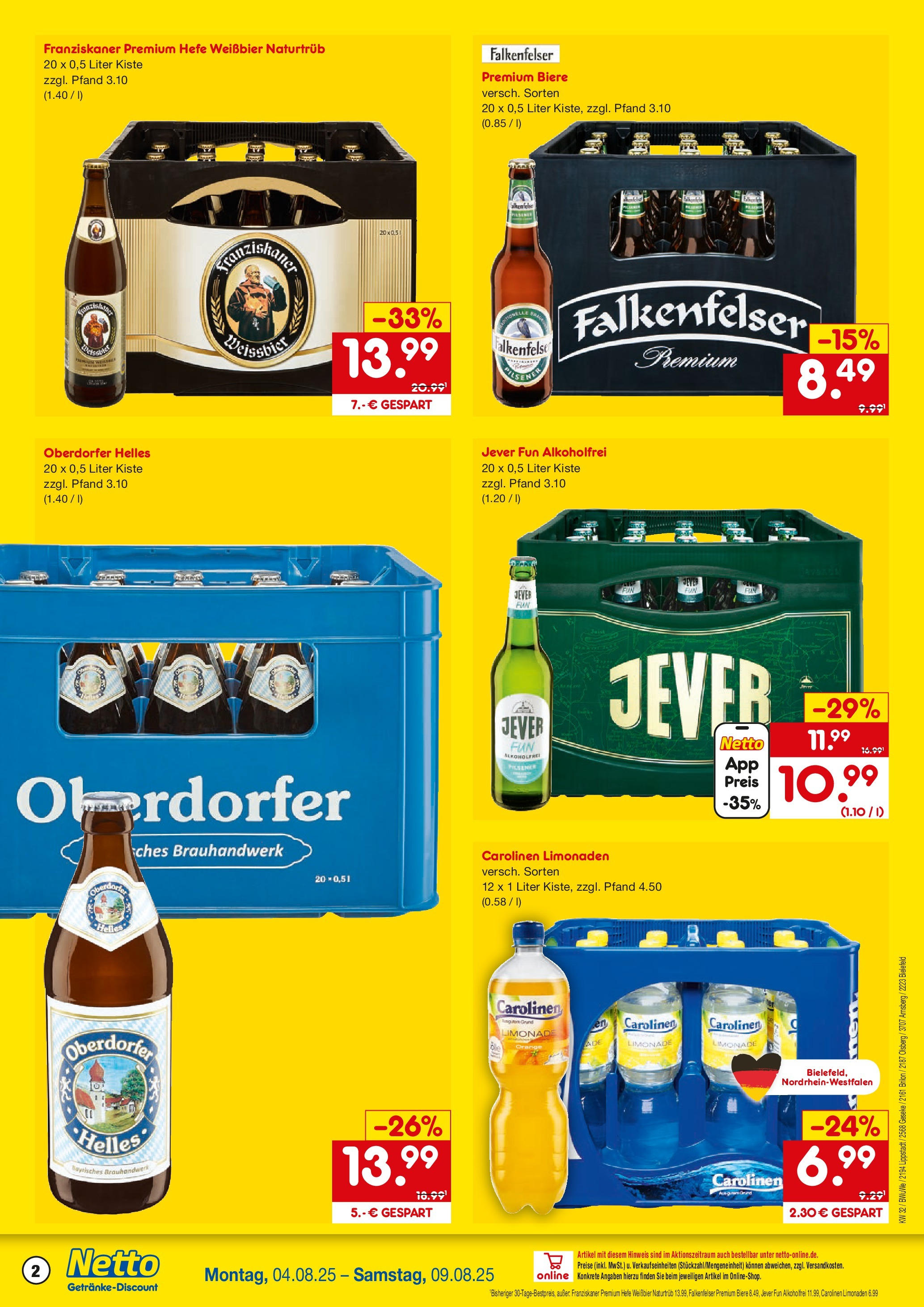 Netto Marken-Discount prospekt Olsberg (ab 04.08.2025) » Angebote | Seite: 2 | Produkte: Franziskaner, Limonade, Hefe weissbier, Jever Netto Marken-Discount prospekt Olsberg (ab 04.08.2025) » Angebote | Seite: 2 | Produkte: Franziskaner, Limonade, Hefe weissbier, Jever