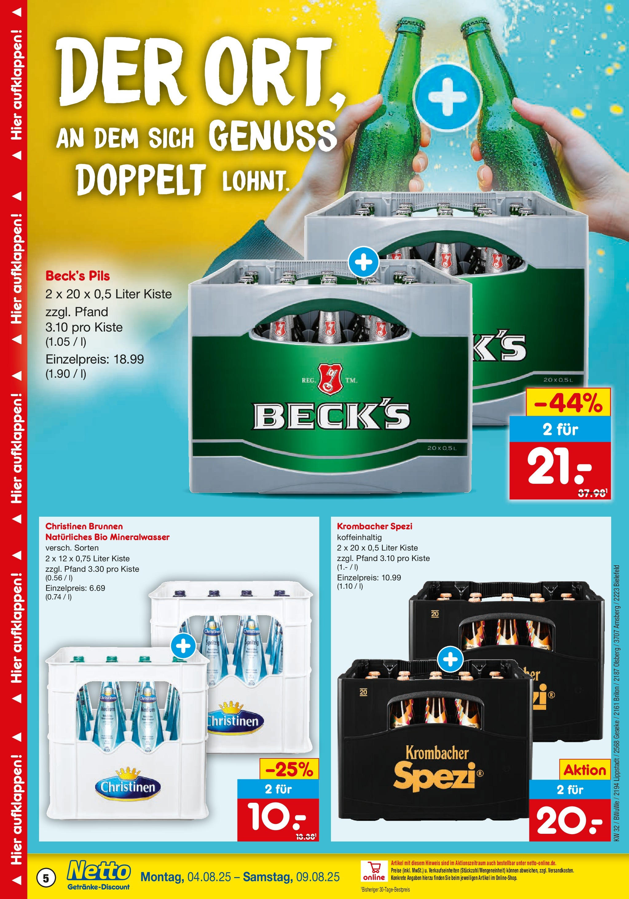 Netto Marken-Discount prospekt Olsberg (ab 04.08.2025) » Angebote | Seite: 5 | Produkte: Pils, Mineralwasser, Krombacher Netto Marken-Discount prospekt Olsberg (ab 04.08.2025) » Angebote | Seite: 5 | Produkte: Pils, Mineralwasser, Krombacher