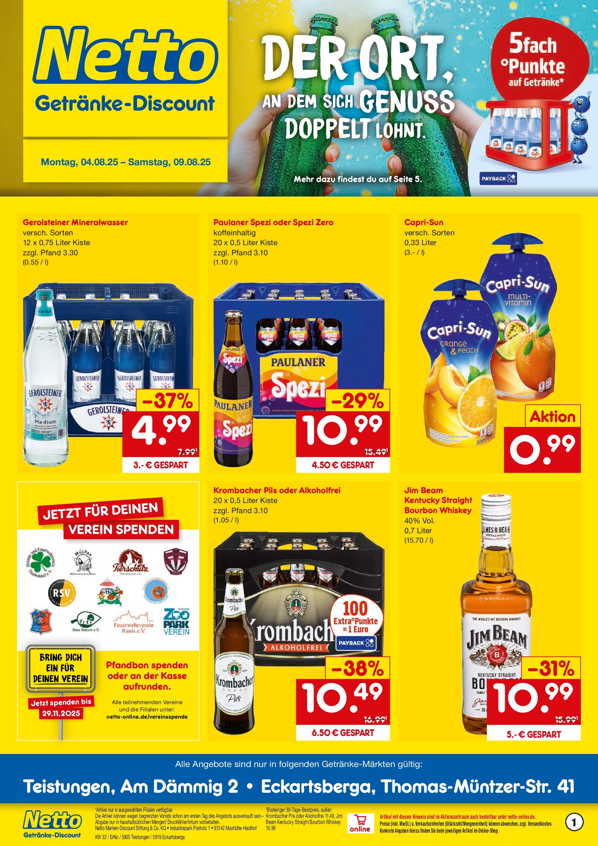 Netto Marken-Discount prospekt Teistungen (ab 04.08.2025) » Angebote | Seite: 1 | Produkte: Jim beam, Paulaner spezi, Mineralwasser, Bourbon Netto Marken-Discount prospekt Teistungen (ab 04.08.2025) » Angebote | Seite: 1 | Produkte: Jim beam, Paulaner spezi, Mineralwasser, Bourbon