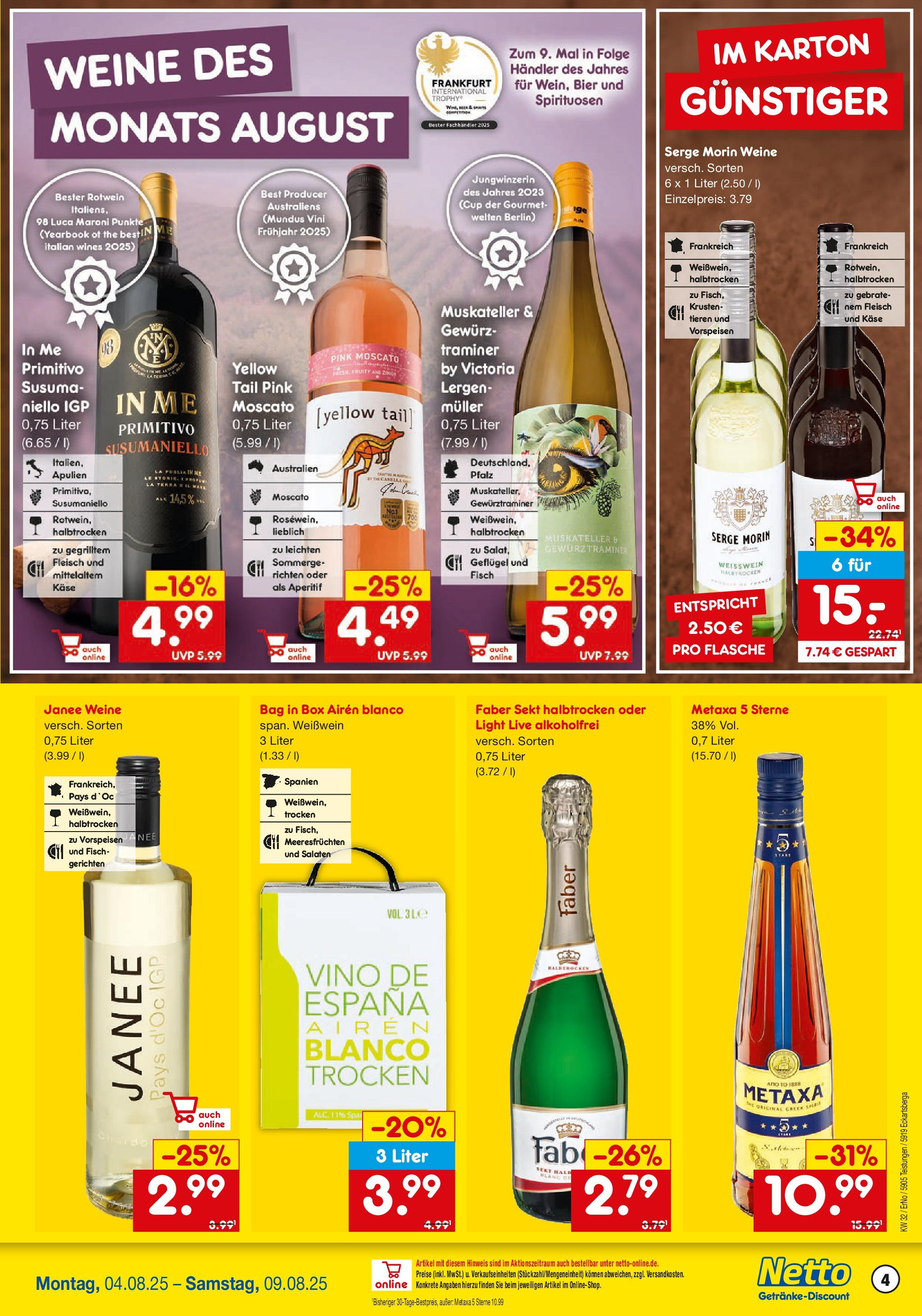 Netto Marken-Discount prospekt Teistungen (ab 04.08.2025) » Angebote | Seite: 4 | Produkte: Käse, Sekt, Box, Metaxa Netto Marken-Discount prospekt Teistungen (ab 04.08.2025) » Angebote | Seite: 4 | Produkte: Käse, Sekt, Box, Metaxa