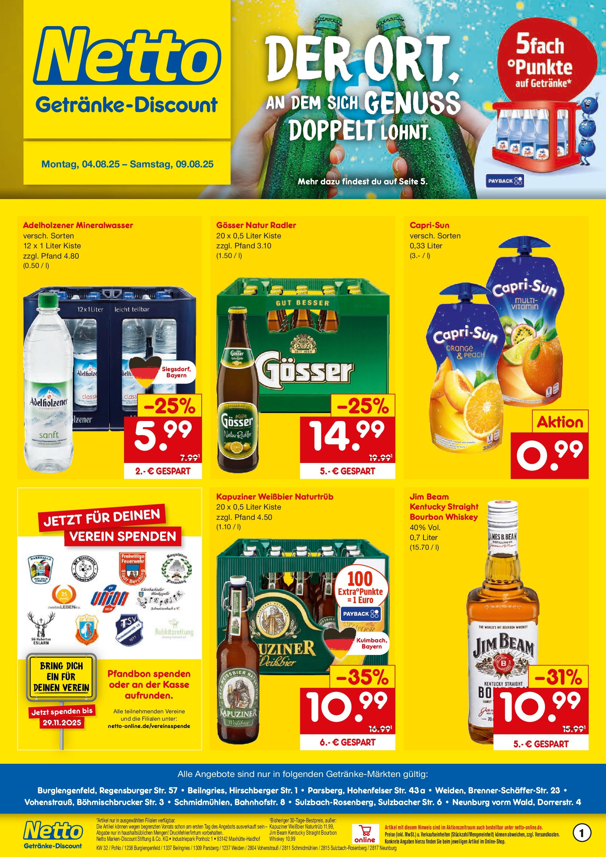 Netto Marken-Discount prospekt Burglengenfeld	 (ab 04.08.2025) » Angebote | Seite: 1 | Produkte: Weißbier, Adelholzener, Radler, Bourbon