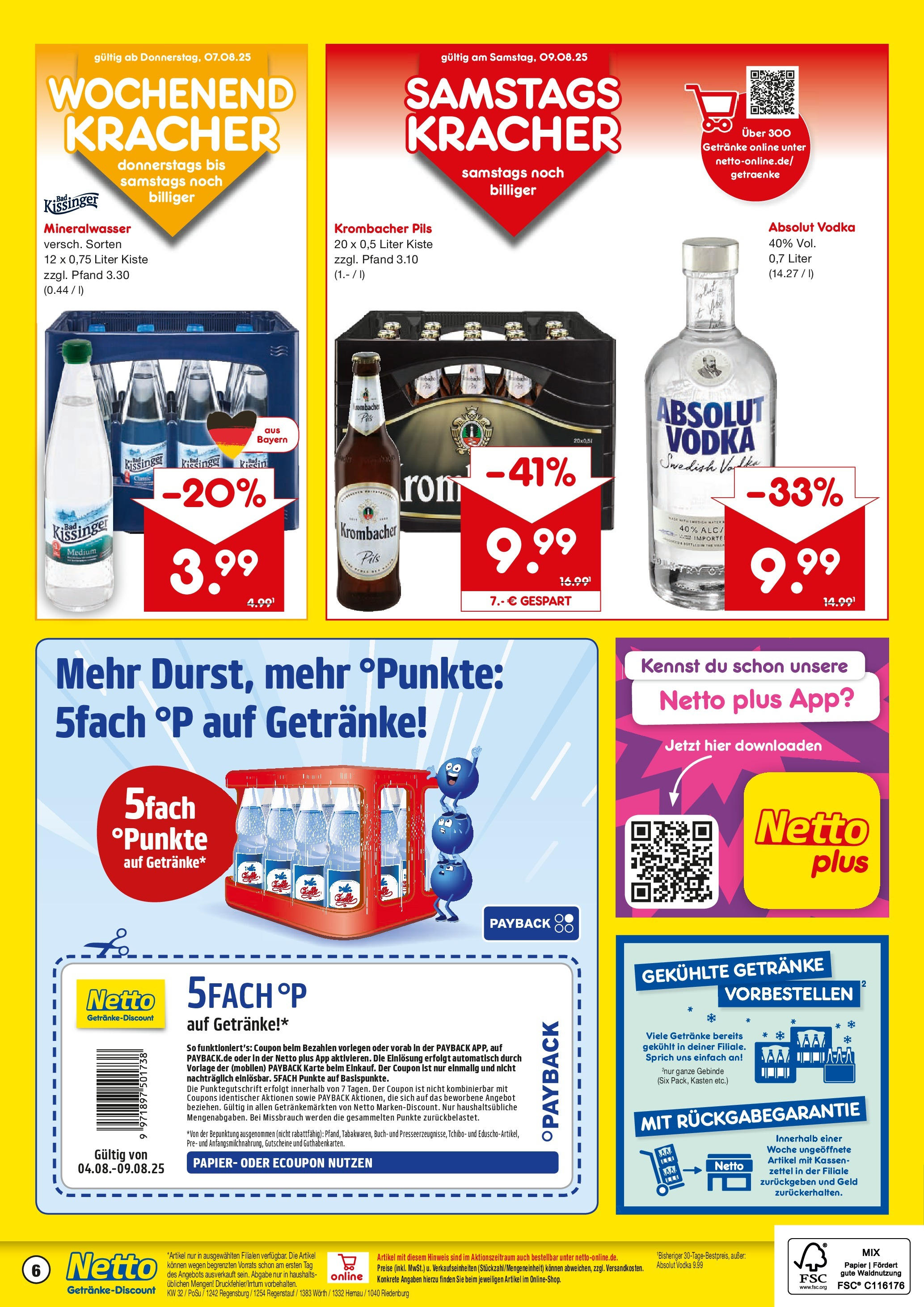 Netto Marken-Discount prospekt Regensburg	 (ab 04.08.2025) » Angebote | Seite: 6 | Produkte: Pils, Mineralwasser, Krombacher, Vodka