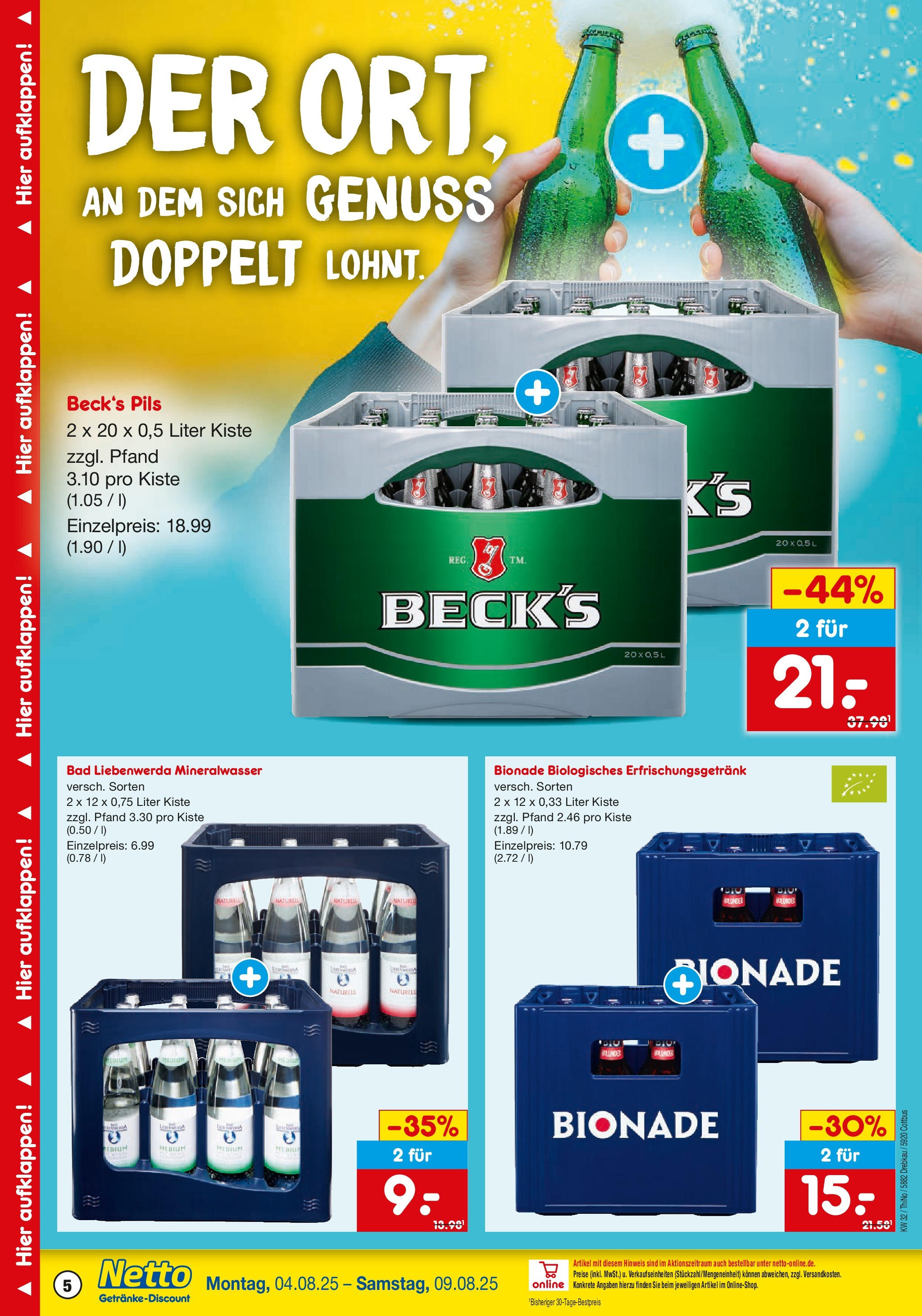 Netto Marken-Discount prospekt Cottbus (ab 04.08.2025) » Angebote | Seite: 5 | Produkte: Bad, Pils, Bionade, Mineralwasser Netto Marken-Discount prospekt Cottbus (ab 04.08.2025) » Angebote | Seite: 5 | Produkte: Bad, Pils, Bionade, Mineralwasser