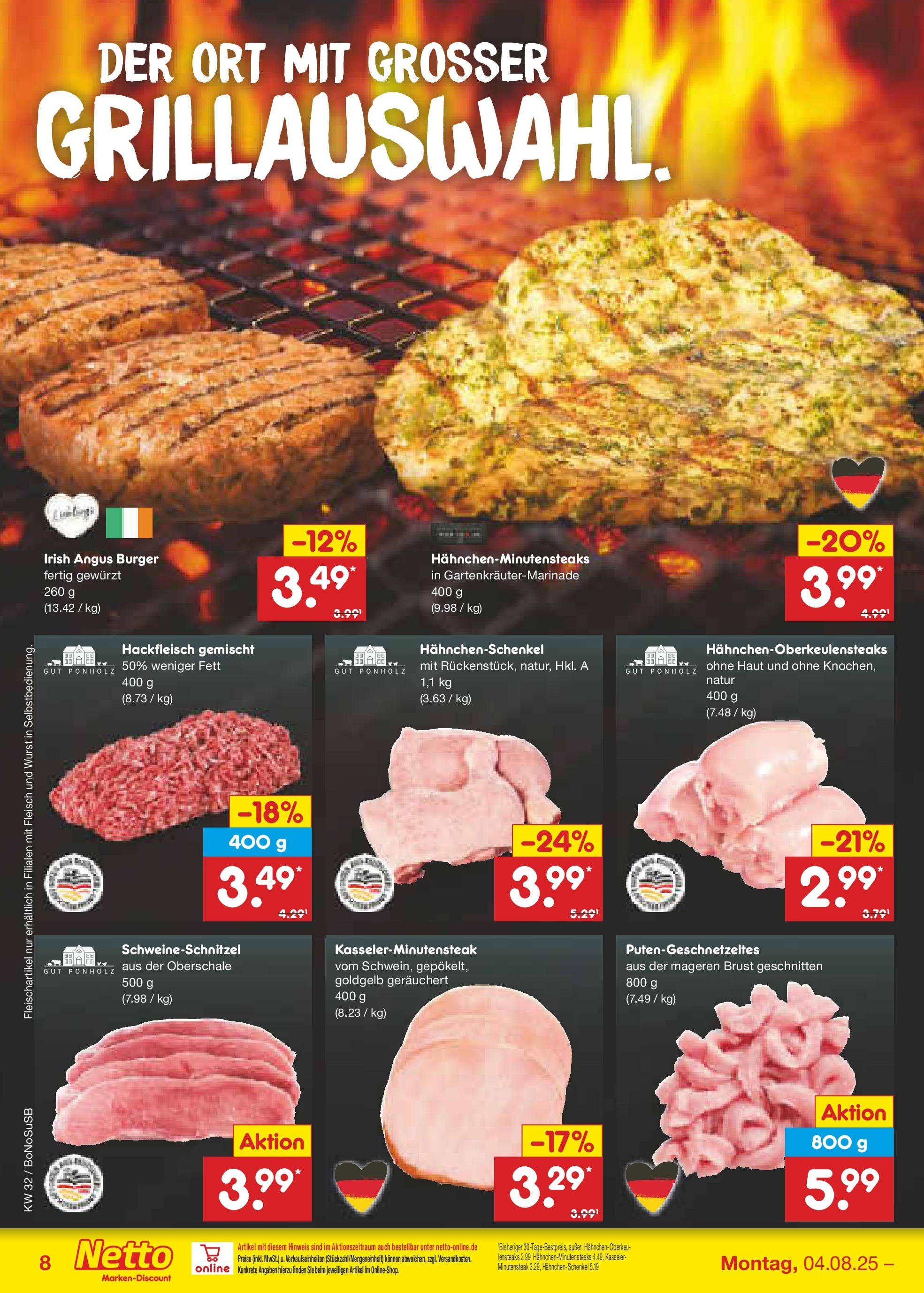 Netto Marken-Discount prospekt Stadtlohn (ab 04.08.2025) » Angebote | Seite: 10 | Produkte: Hahnchenschenkel, Burger, Wurst, Fleisch Netto Marken-Discount prospekt Stadtlohn (ab 04.08.2025) » Angebote | Seite: 10 | Produkte: Hahnchenschenkel, Burger, Wurst, Fleisch