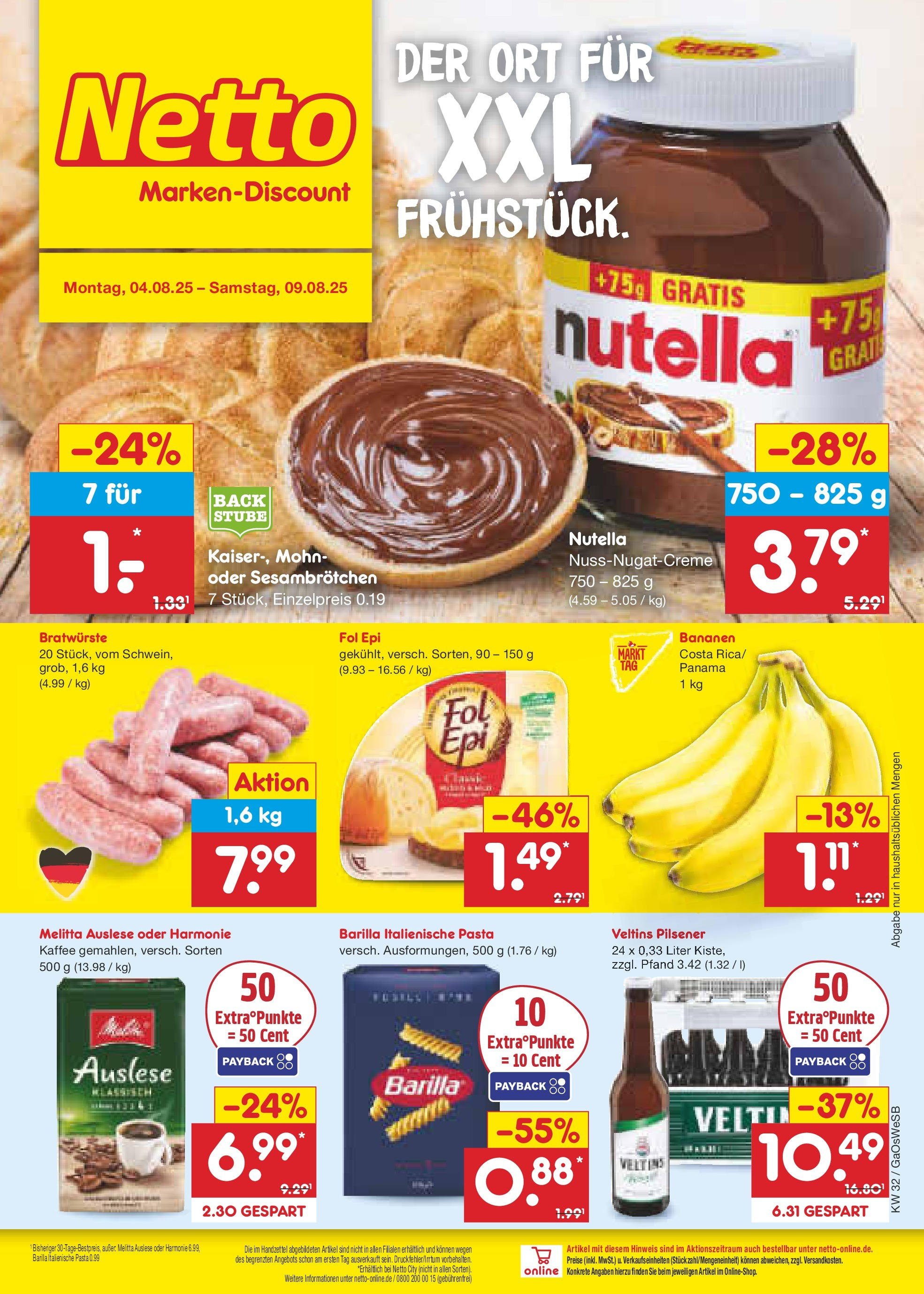 Netto Marken-Discount prospekt Moormerland (ab 04.08.2025) » Angebote | Seite: 1 | Produkte: Kaffee, Bananen, Nutella, Veltins Netto Marken-Discount prospekt Moormerland (ab 04.08.2025) » Angebote | Seite: 1 | Produkte: Kaffee, Bananen, Nutella, Veltins