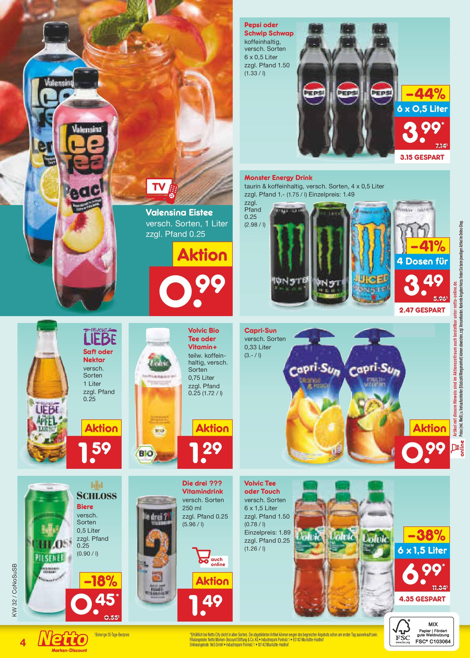 Netto Marken-Discount prospekt Kloster Lehnin (ab 04.08.2025) » Angebote | Seite: 33 | Produkte: Schwip schwap, Volvic tee, Valensina, Pepsi Netto Marken-Discount prospekt Kloster Lehnin (ab 04.08.2025) » Angebote | Seite: 33 | Produkte: Schwip schwap, Volvic tee, Valensina, Pepsi