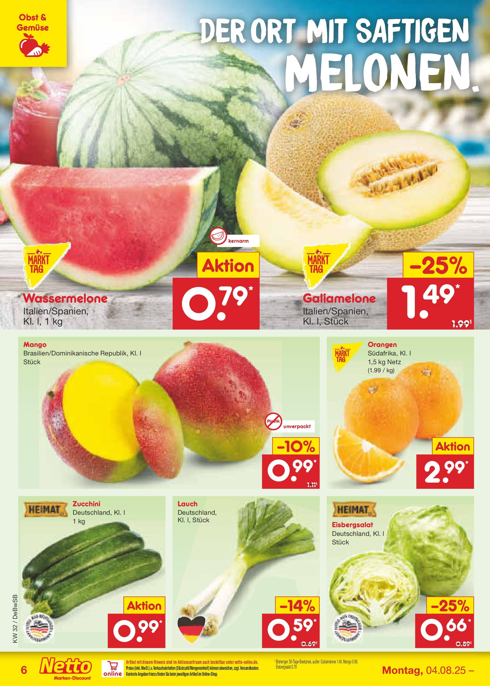 Netto Marken-Discount prospekt Waiblingen-Bittenfeld (ab 04.08.2025) » Angebote | Seite: 6 | Produkte: Eisbergsalat, Mango, Wassermelone, Zucchini Netto Marken-Discount prospekt Waiblingen-Bittenfeld (ab 04.08.2025) » Angebote | Seite: 6 | Produkte: Eisbergsalat, Mango, Wassermelone, Zucchini