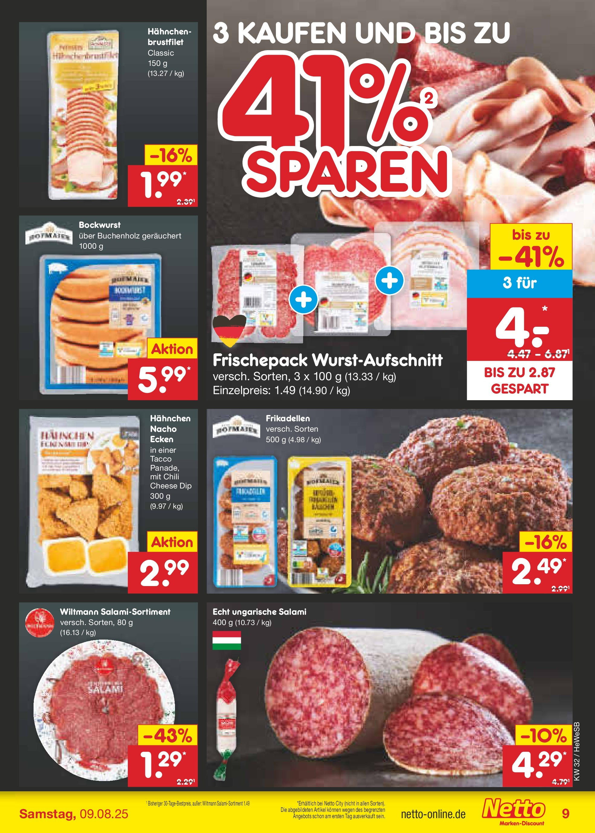 Netto Marken-Discount prospekt Brietlingen (ab 04.08.2025) » Angebote | Seite: 11 | Produkte: Bockwurst, Hahnchen, Chili, Salami Netto Marken-Discount prospekt Brietlingen (ab 04.08.2025) » Angebote | Seite: 11 | Produkte: Bockwurst, Hahnchen, Chili, Salami