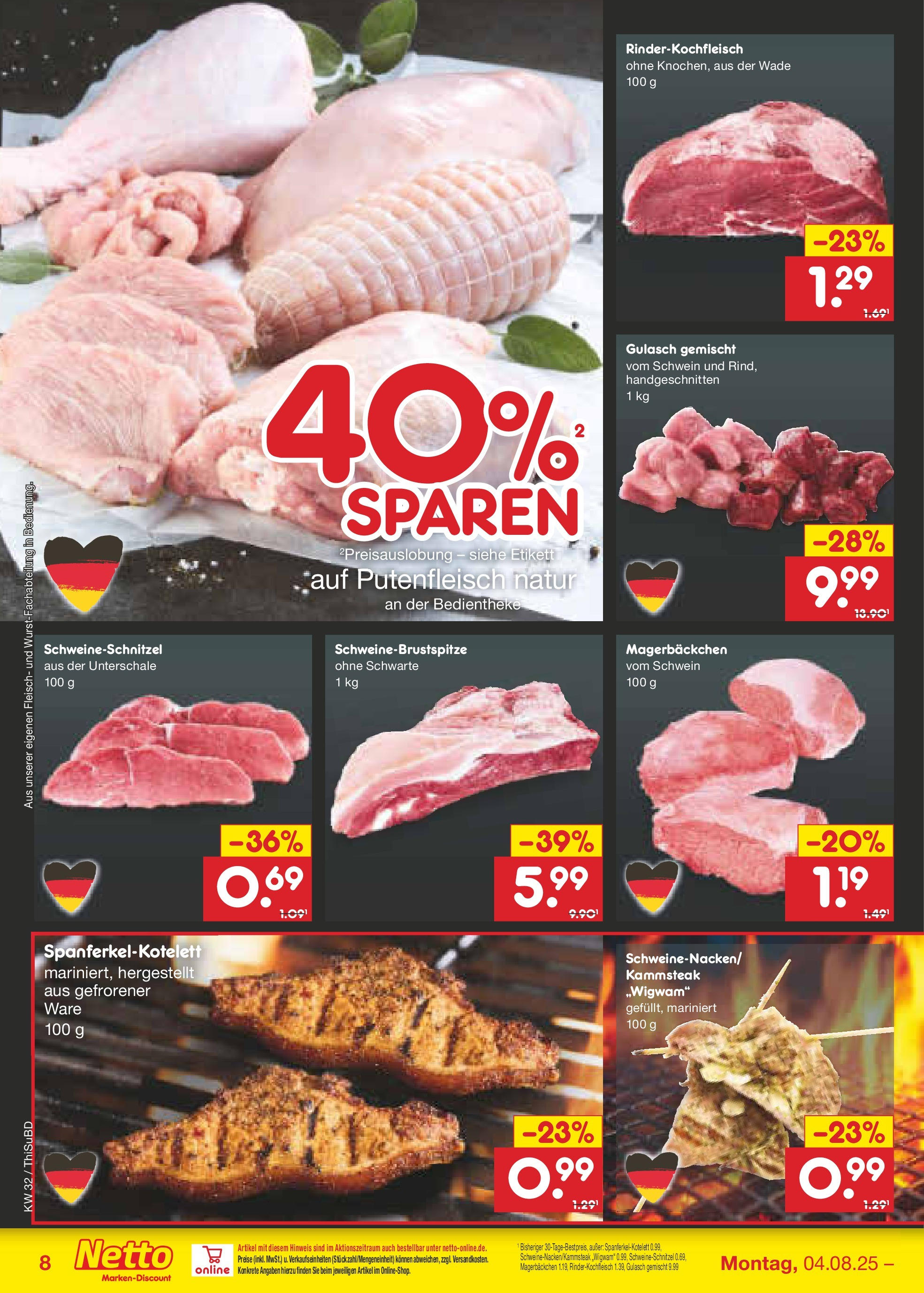 Netto Marken-Discount prospekt Thiendorf (ab 04.08.2025) » Angebote | Seite: 10 | Produkte: Gulasch, Fleisch Netto Marken-Discount prospekt Thiendorf (ab 04.08.2025) » Angebote | Seite: 10 | Produkte: Gulasch, Fleisch