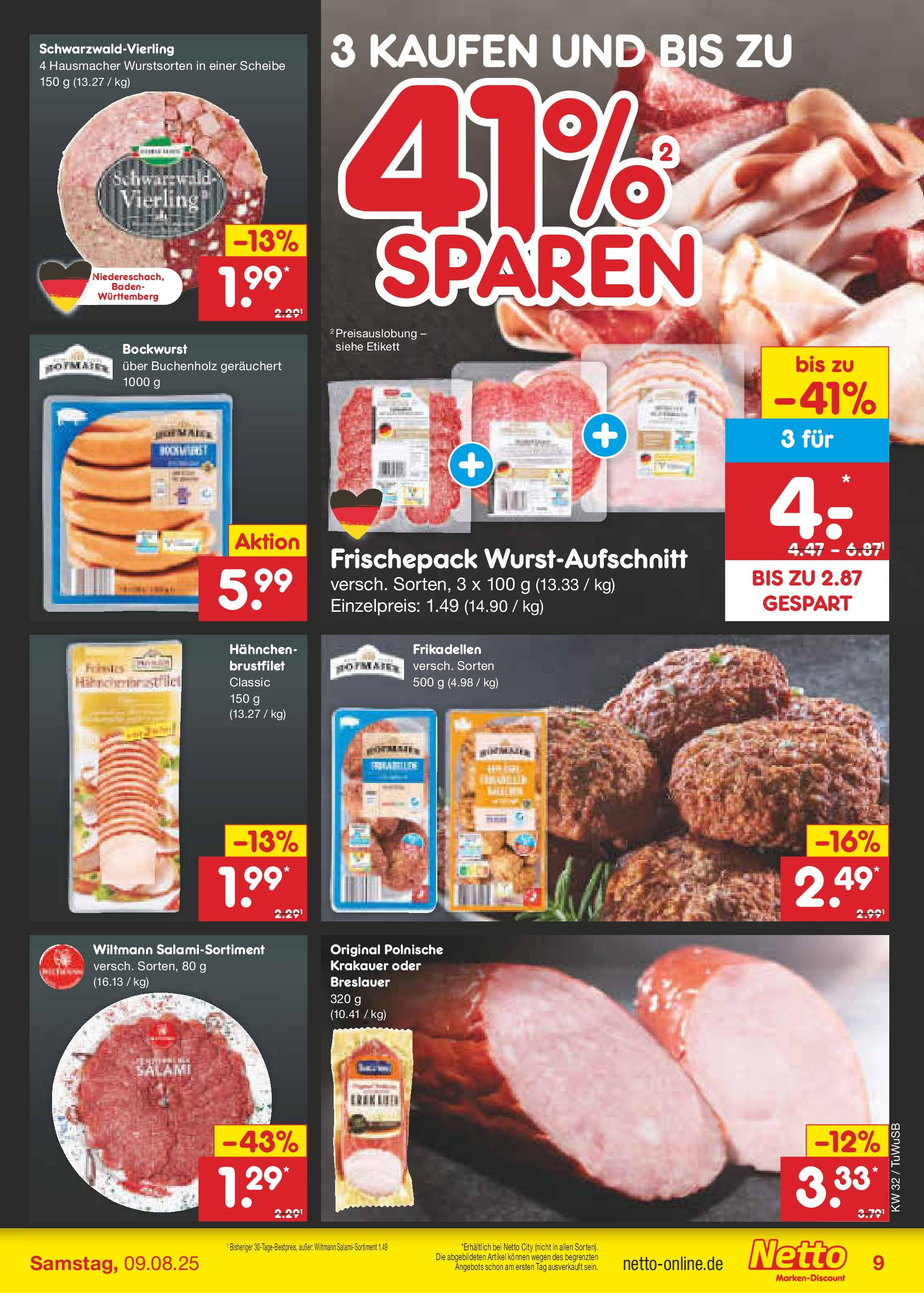 Netto Marken-Discount prospekt Calw-Stammheim (ab 04.08.2025) » Angebote | Seite: 11 | Produkte: Bockwurst, Hahnchen, Salami Netto Marken-Discount prospekt Calw-Stammheim (ab 04.08.2025) » Angebote | Seite: 11 | Produkte: Bockwurst, Hahnchen, Salami