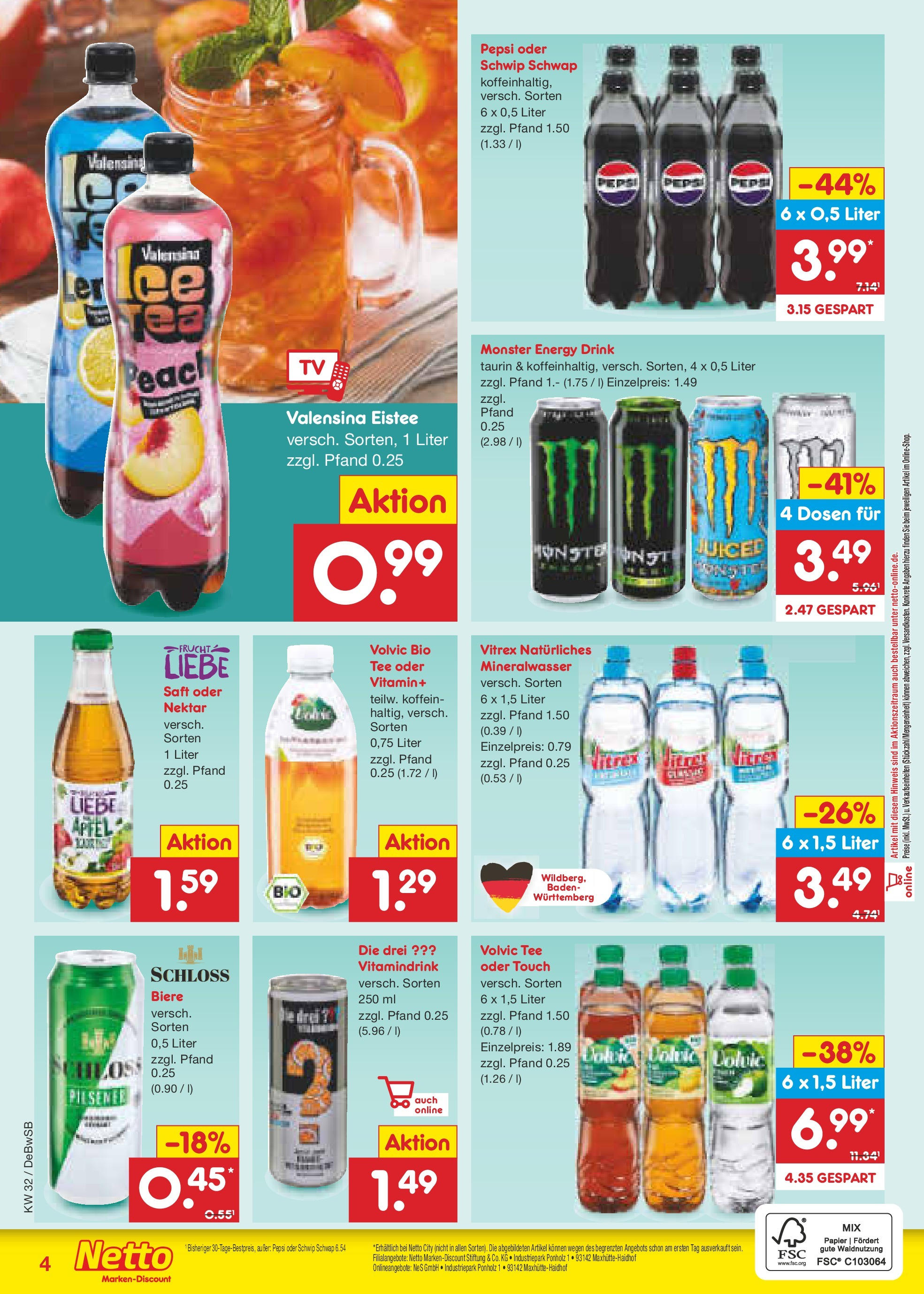 Netto Marken-Discount prospekt Waiblingen-Bittenfeld (ab 04.08.2025) » Angebote | Seite: 33 | Produkte: Energy, Schwip schwap, Volvic tee, Saft Netto Marken-Discount prospekt Waiblingen-Bittenfeld (ab 04.08.2025) » Angebote | Seite: 33 | Produkte: Energy, Schwip schwap, Volvic tee, Saft