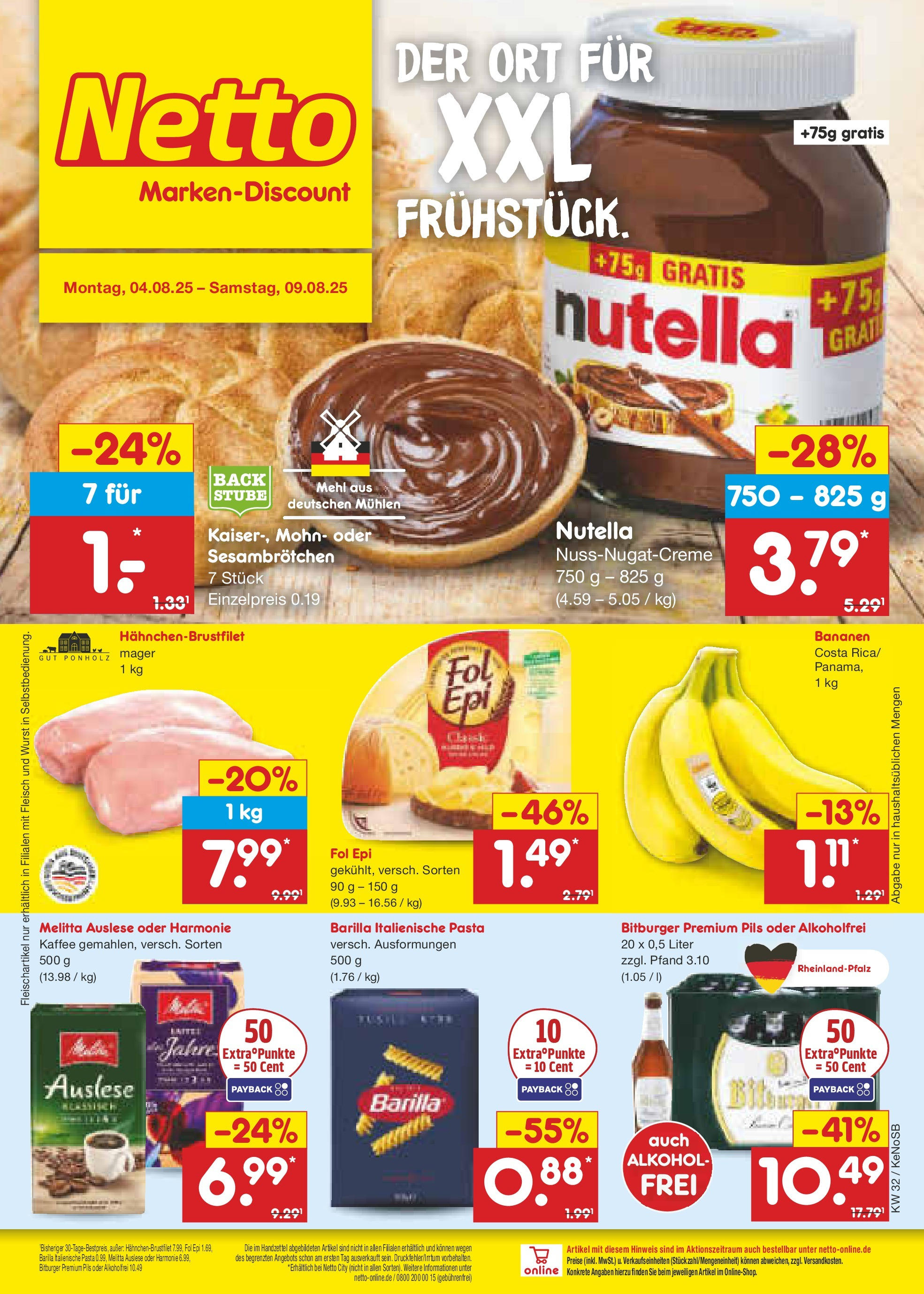 Netto Marken-Discount prospekt Bonn (ab 04.08.2025) » Angebote | Seite: 1 | Produkte: Melitta, Bananen, Nutella, Pasta Netto Marken-Discount prospekt Bonn (ab 04.08.2025) » Angebote | Seite: 1 | Produkte: Melitta, Bananen, Nutella, Pasta