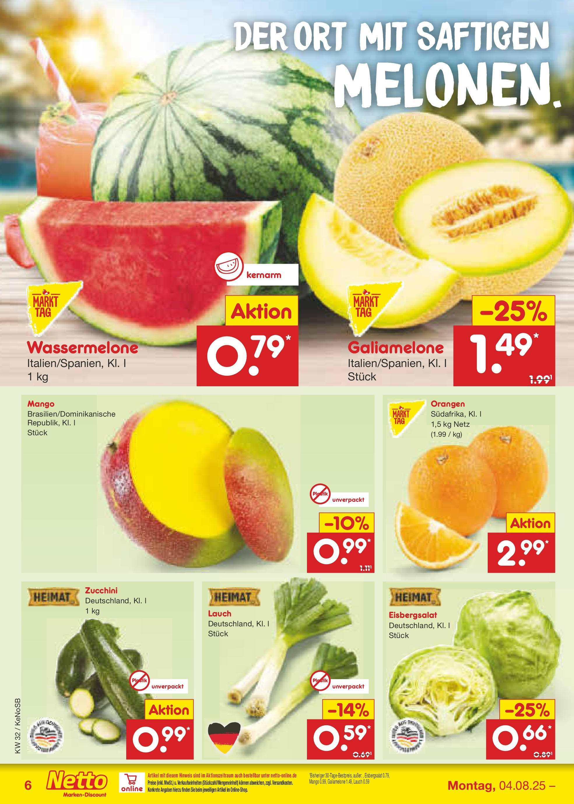 Netto Marken-Discount prospekt Bonn (ab 04.08.2025) » Angebote | Seite: 6 | Produkte: Orangen, Mango, Wassermelone, Zucchini Netto Marken-Discount prospekt Bonn (ab 04.08.2025) » Angebote | Seite: 6 | Produkte: Orangen, Mango, Wassermelone, Zucchini