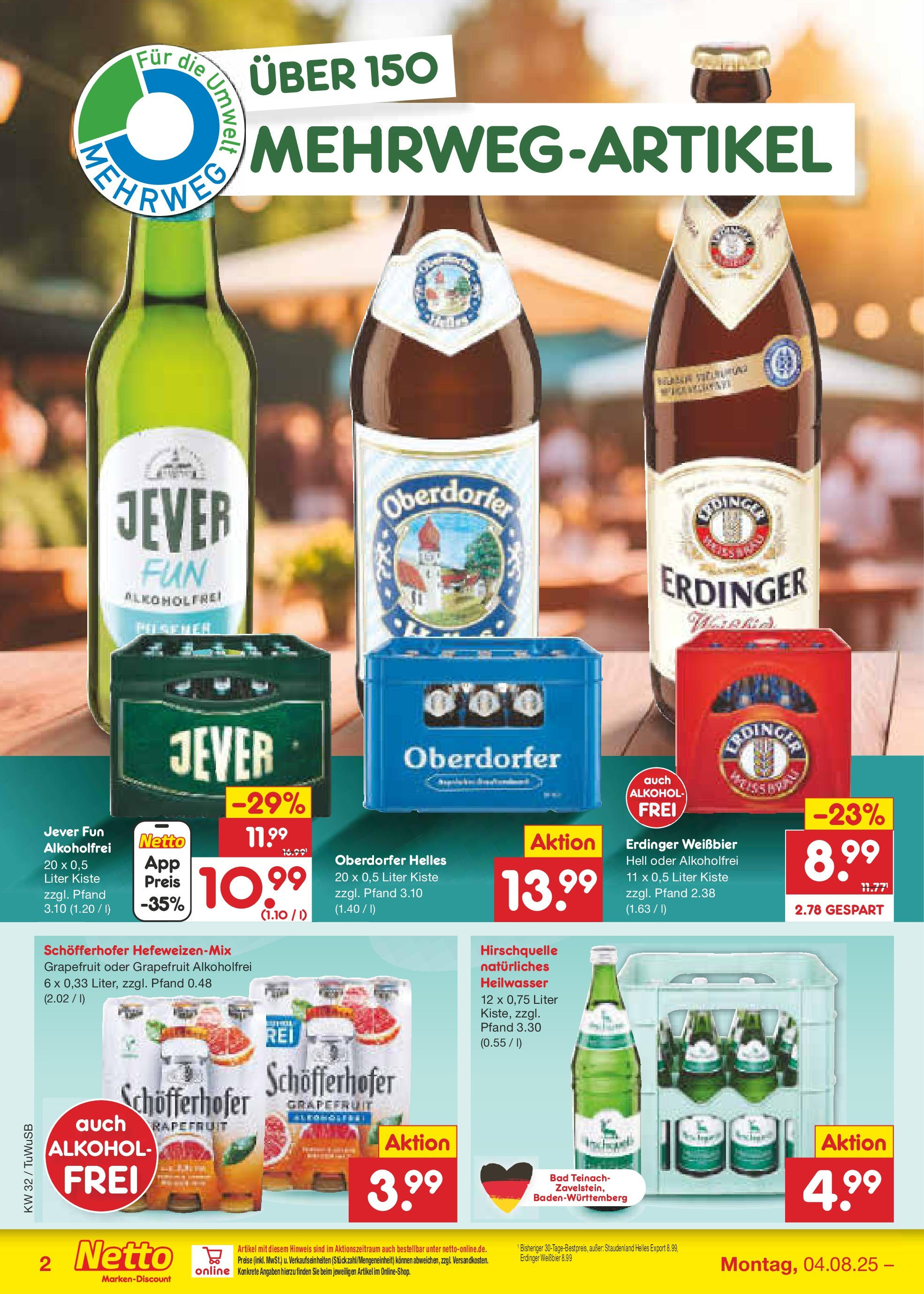 Netto Marken-Discount prospekt Calw-Stammheim (ab 04.08.2025) » Angebote | Seite: 34 | Produkte: Erdinger, Weißbier, Bad, Jever Netto Marken-Discount prospekt Calw-Stammheim (ab 04.08.2025) » Angebote | Seite: 34 | Produkte: Erdinger, Weißbier, Bad, Jever