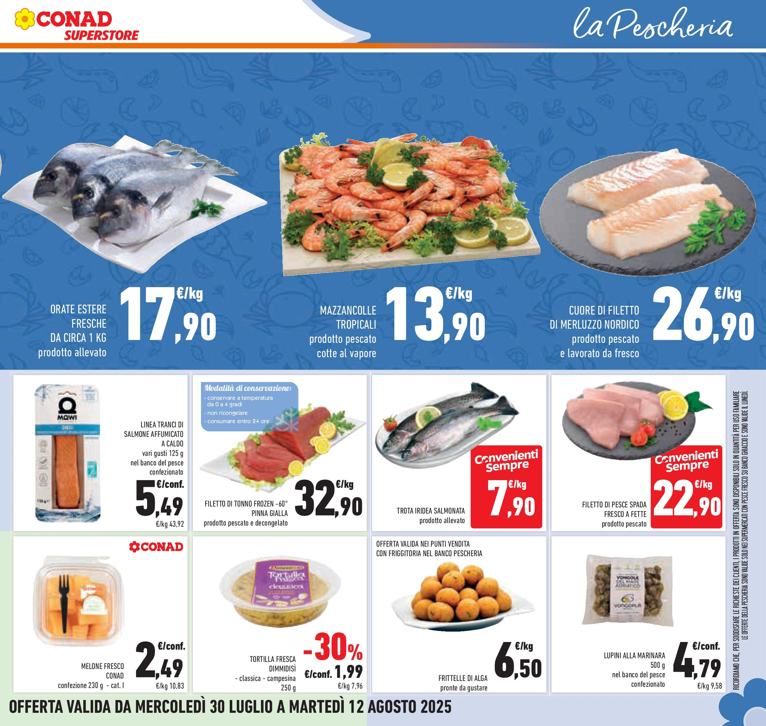 Volantino Conad dal 29/07/2025 > Anteprima - Agosto | Pagina: 27 | Prodotti: Salmone, Mazzancolle, Trota, Pesce spada