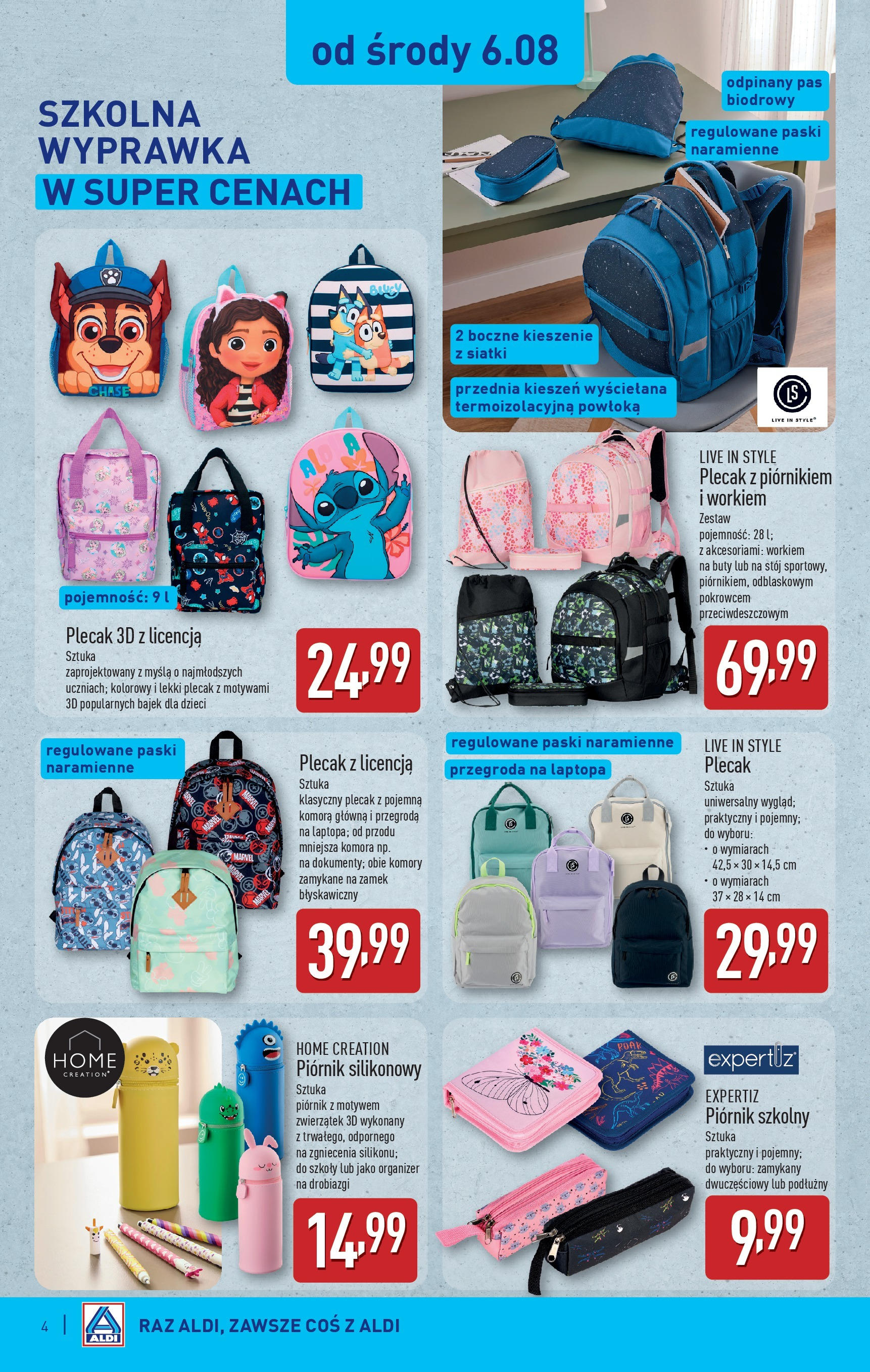 Aldi Gazetka - Artykuły przemysłowe i tekstylia od 06.08.2025 - Ulotka PDF, promocje | Strona: 4 | Produkty: Buty, Plecak