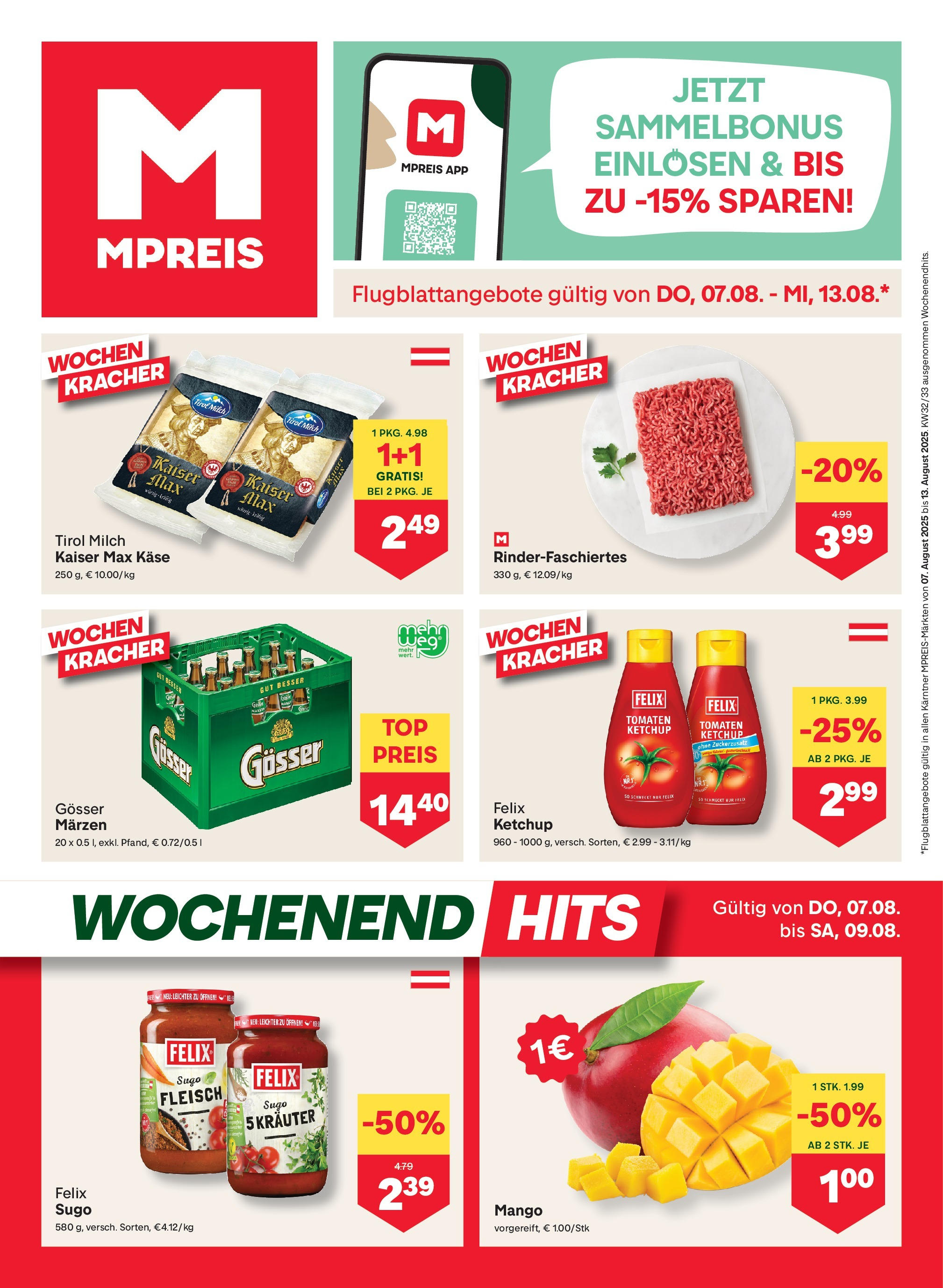 MPREIS Velden von 07.08.2025 - Aktuelle Angebote | Seite: 1 | Produkte: Ketchup, Mango, Käse, Tomaten