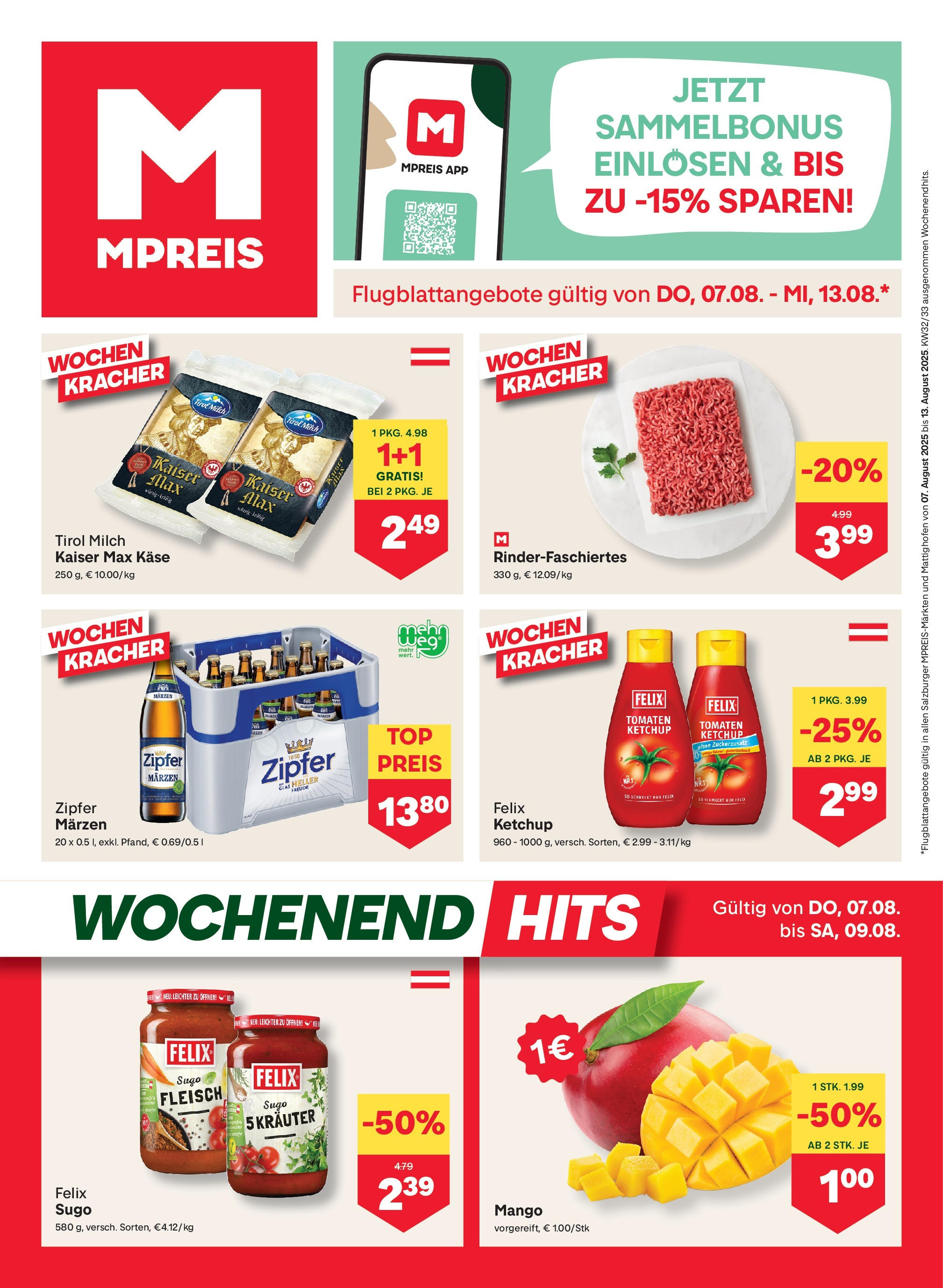 MPREIS Saalbach von 07.08.2025 - Aktuelle Angebote | Seite: 1 | Produkte: Ketchup, Milch, Käse, Tomaten
