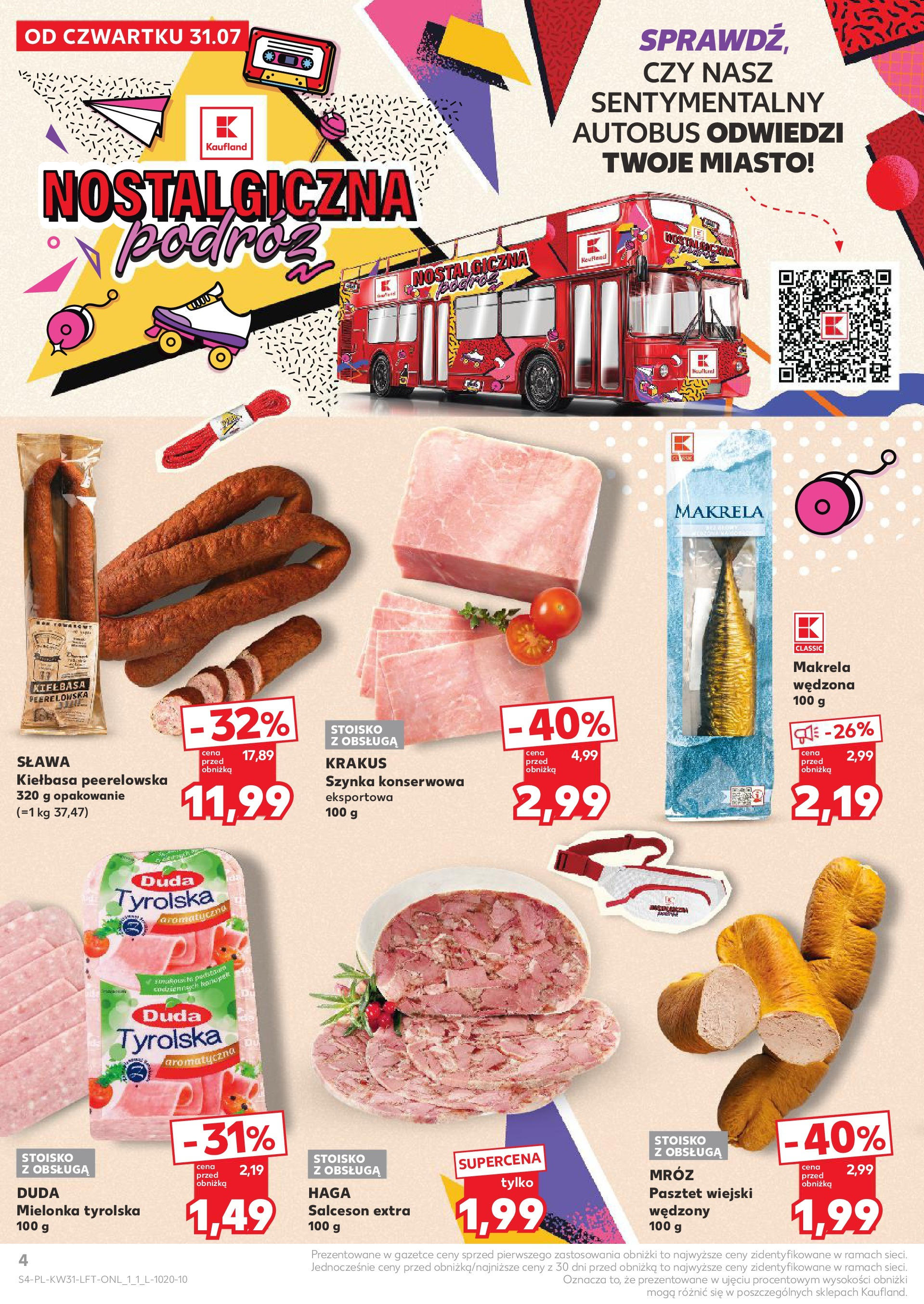 Kaufland gazetka od 31.07.2025 - od jutra PDF | Strona: 4 | Produkty: Kiełbasa, Mielonka tyrolska, Szynka, Makrela