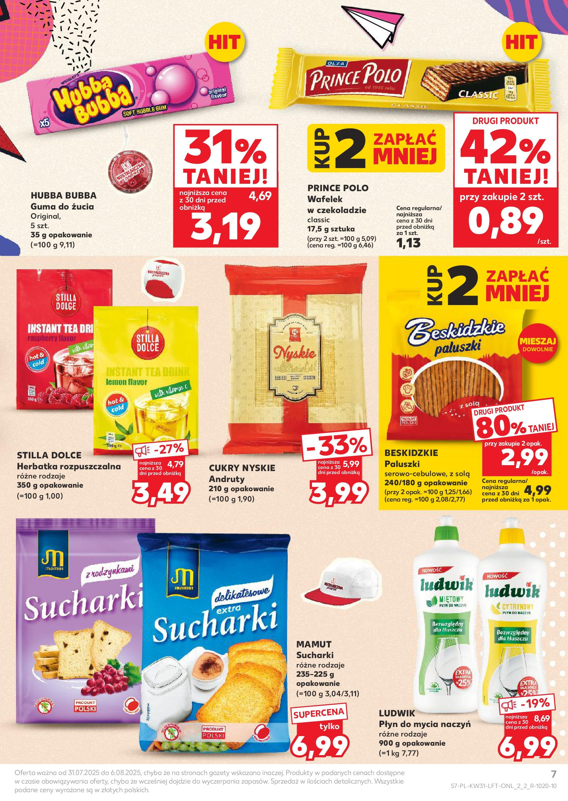 Kaufland gazetka od 31.07.2025 - od jutra PDF | Strona: 7 | Produkty: Paluszki, Guma do żucia, Płyn do mycia naczyń