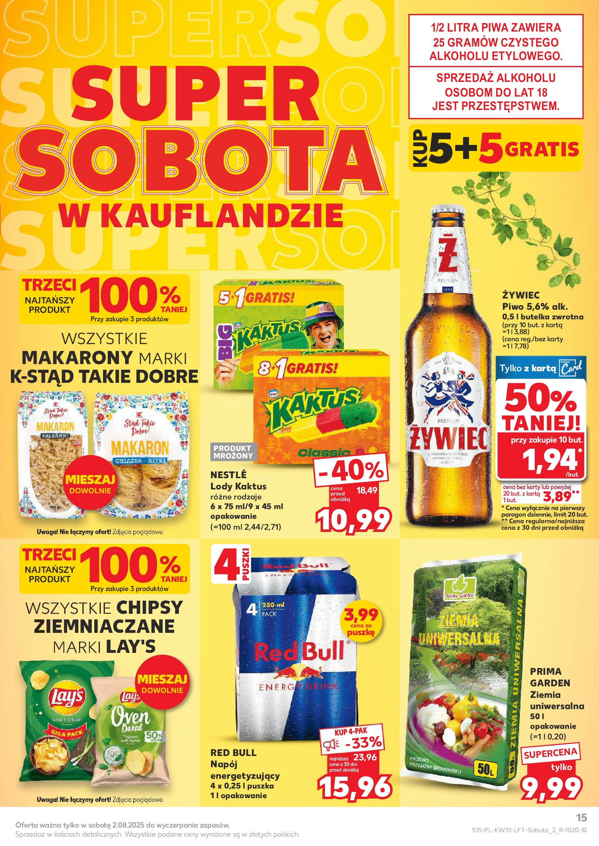 Kaufland gazetka od 31.07.2025 - od jutra PDF | Strona: 15 | Produkty: Karta, Red bull, Ziemia, Makarony