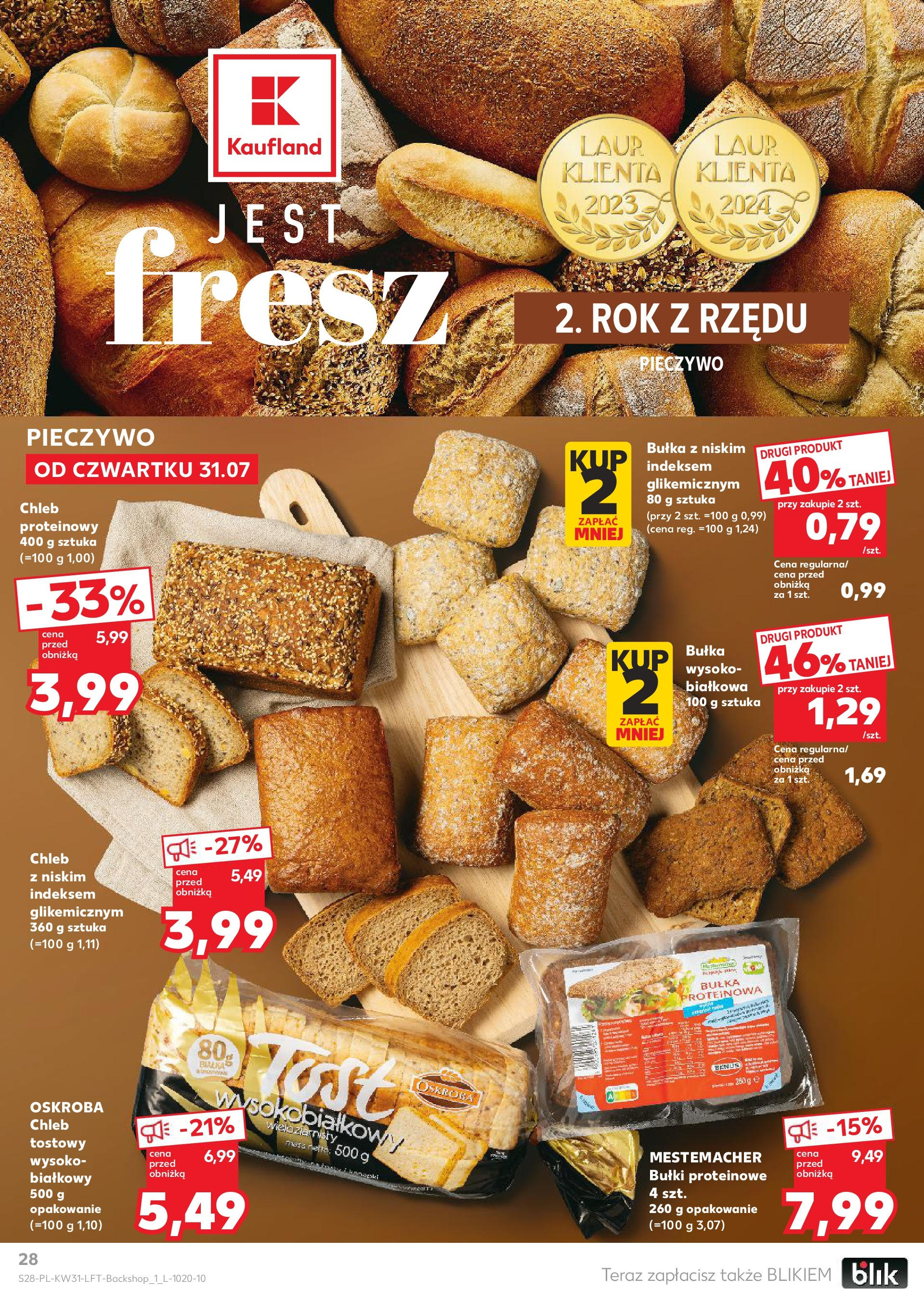 Kaufland gazetka od 31.07.2025 - od jutra PDF | Strona: 28 | Produkty: Pieczywo, Bułka proteinowa, Bułka, Chleb