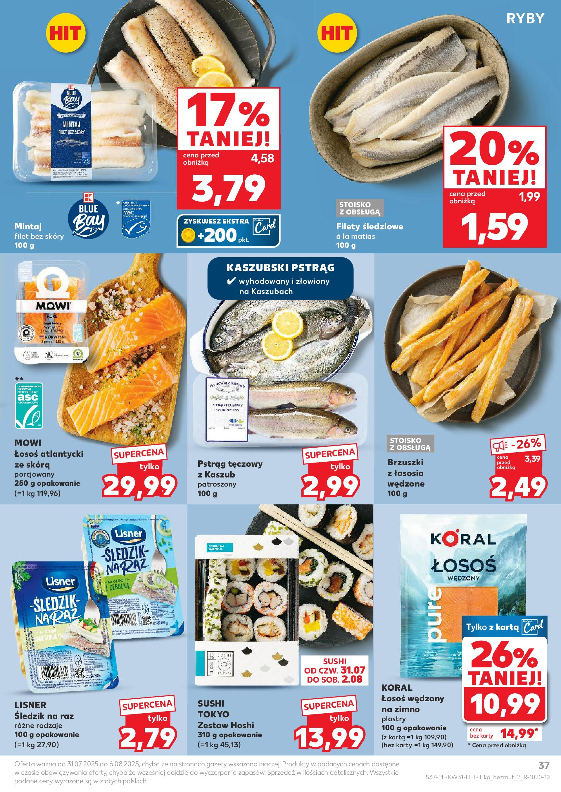 Kaufland gazetka od 31.07.2025 - od jutra PDF | Strona: 37 | Produkty: Karta, Pstrąg tęczowy, Mintaj, Łosoś