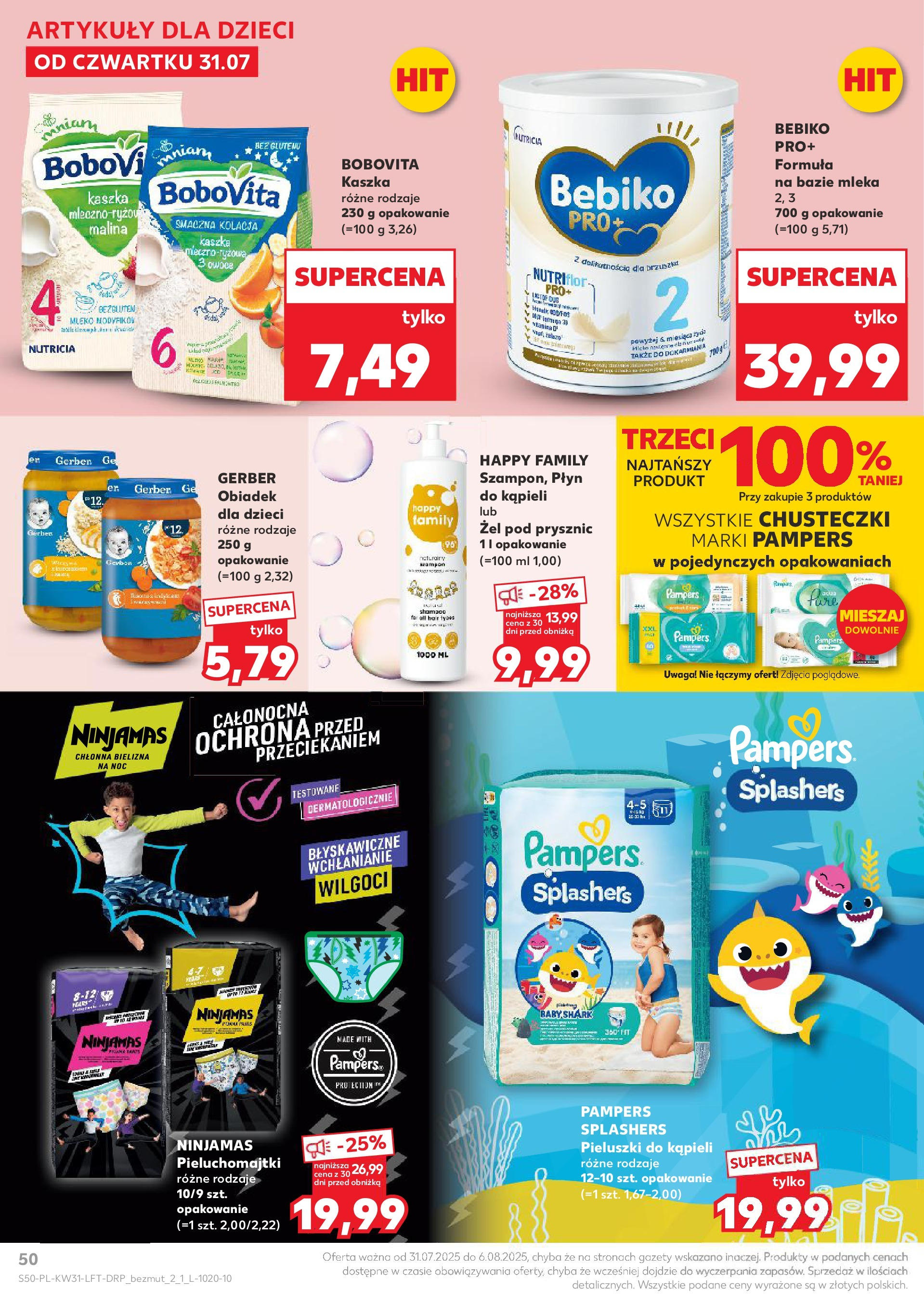 Kaufland gazetka od 31.07.2025 - od jutra PDF | Strona: 50 | Produkty: Mleka, Pampers, Pieluchomajtki, Żel pod prysznic