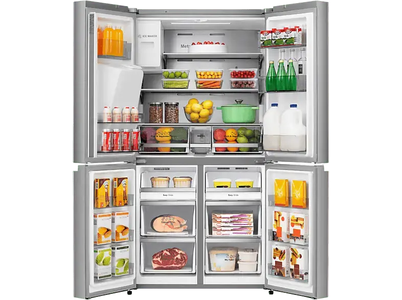 Hisense RQ760N4SASE Cross Door Side by Side, Kühl- und Gefrierkombination (584 l, E, 1785 mm hoch, No Frost (verminderte Eisbildung), Edelstahl-Optik)