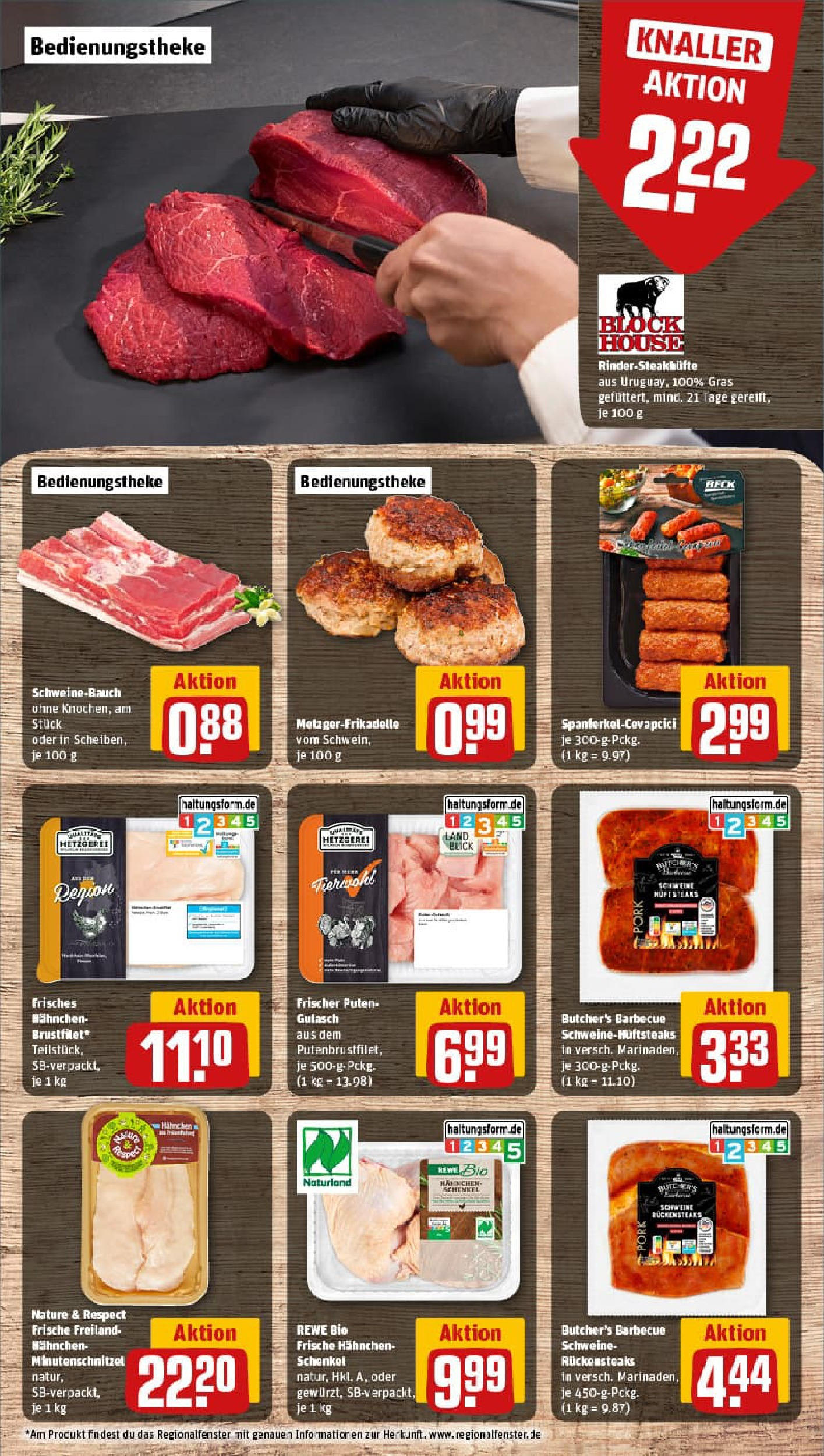 REWE Prospekt ab 03.08.2025 zum Blättern » Angebote | Seite: 8 | Produkte: Hahnchen, Schweinebauch, Cevapcici, Gulasch