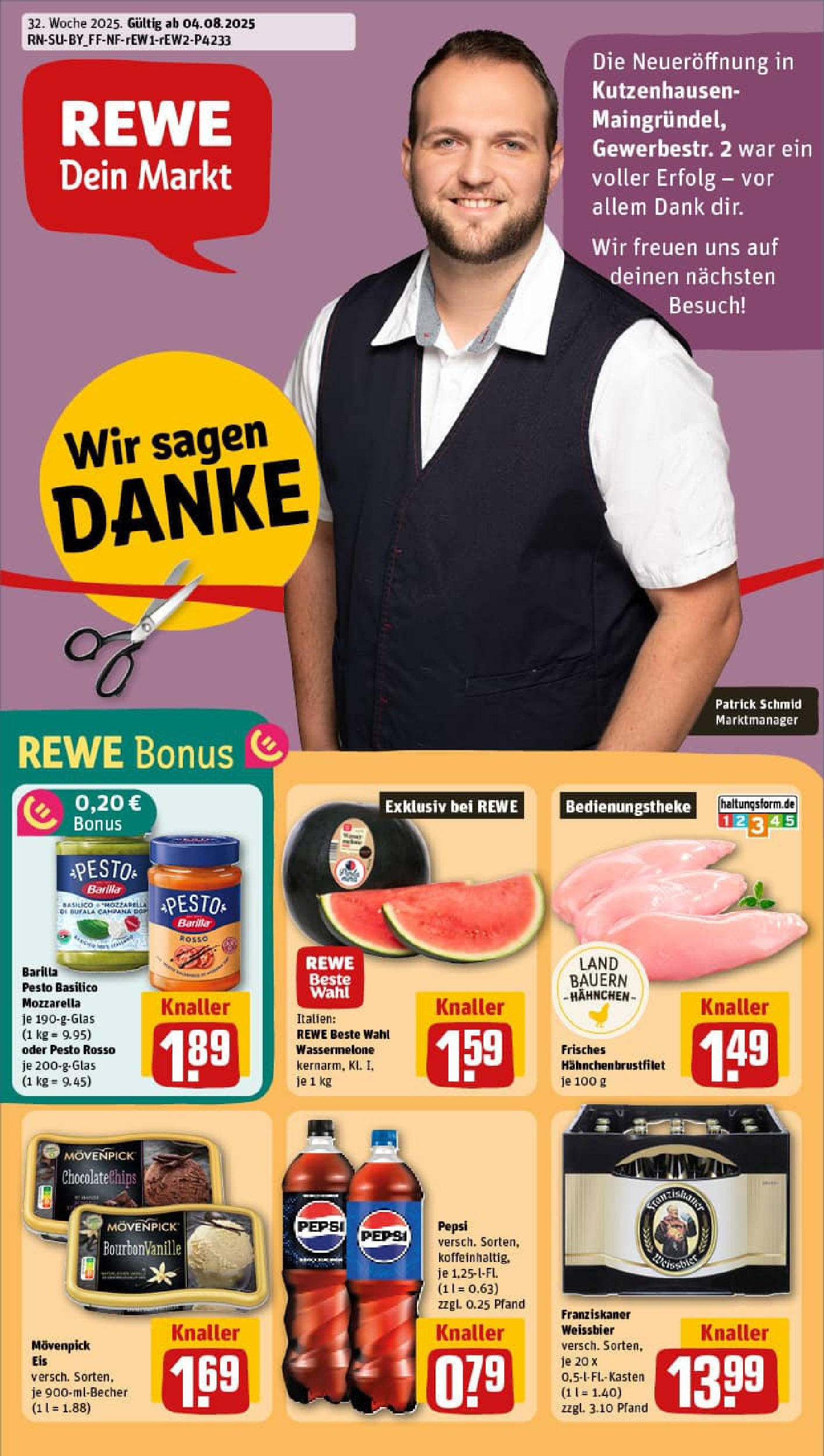 REWE Prospekt ab 03.08.2025 zum Blättern » Angebote | Seite: 1 | Produkte: Franziskaner, Mozzarella, Barilla pesto, Wassermelone