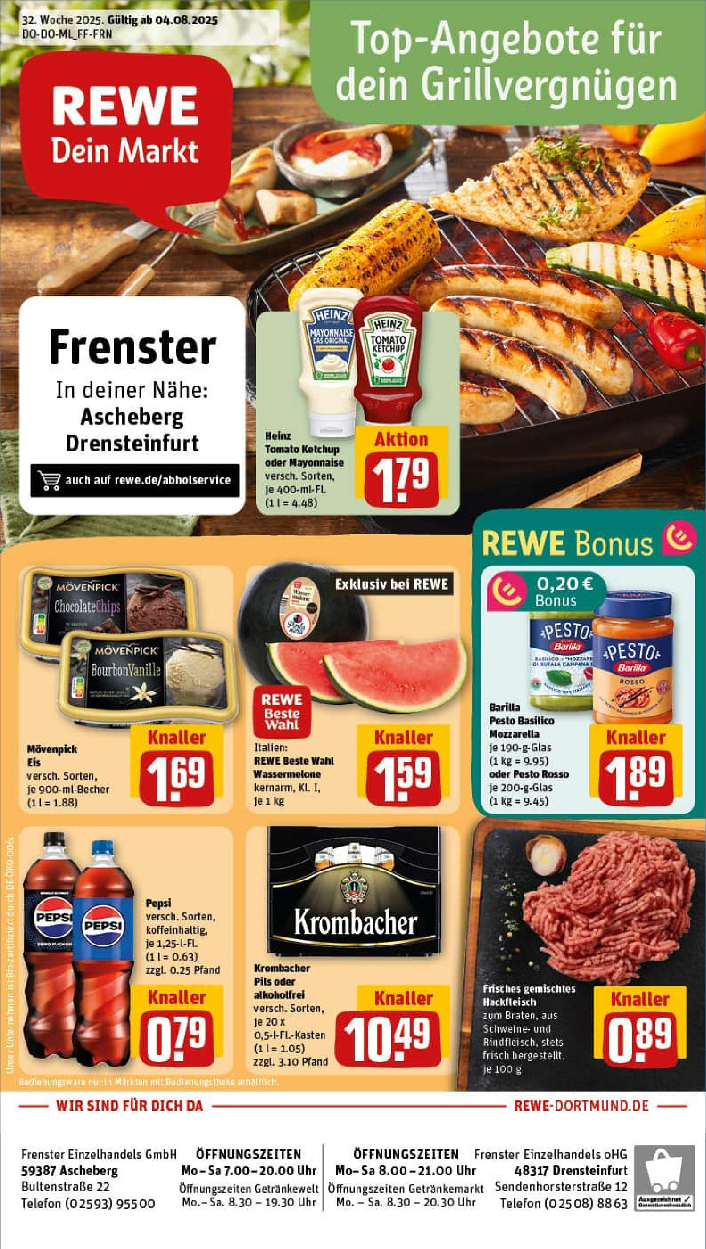 REWE Prospekt ab 03.08.2025 zum Blättern » Angebote | Seite: 1 | Produkte: Barilla, Mozzarella, Barilla pesto, Uhr