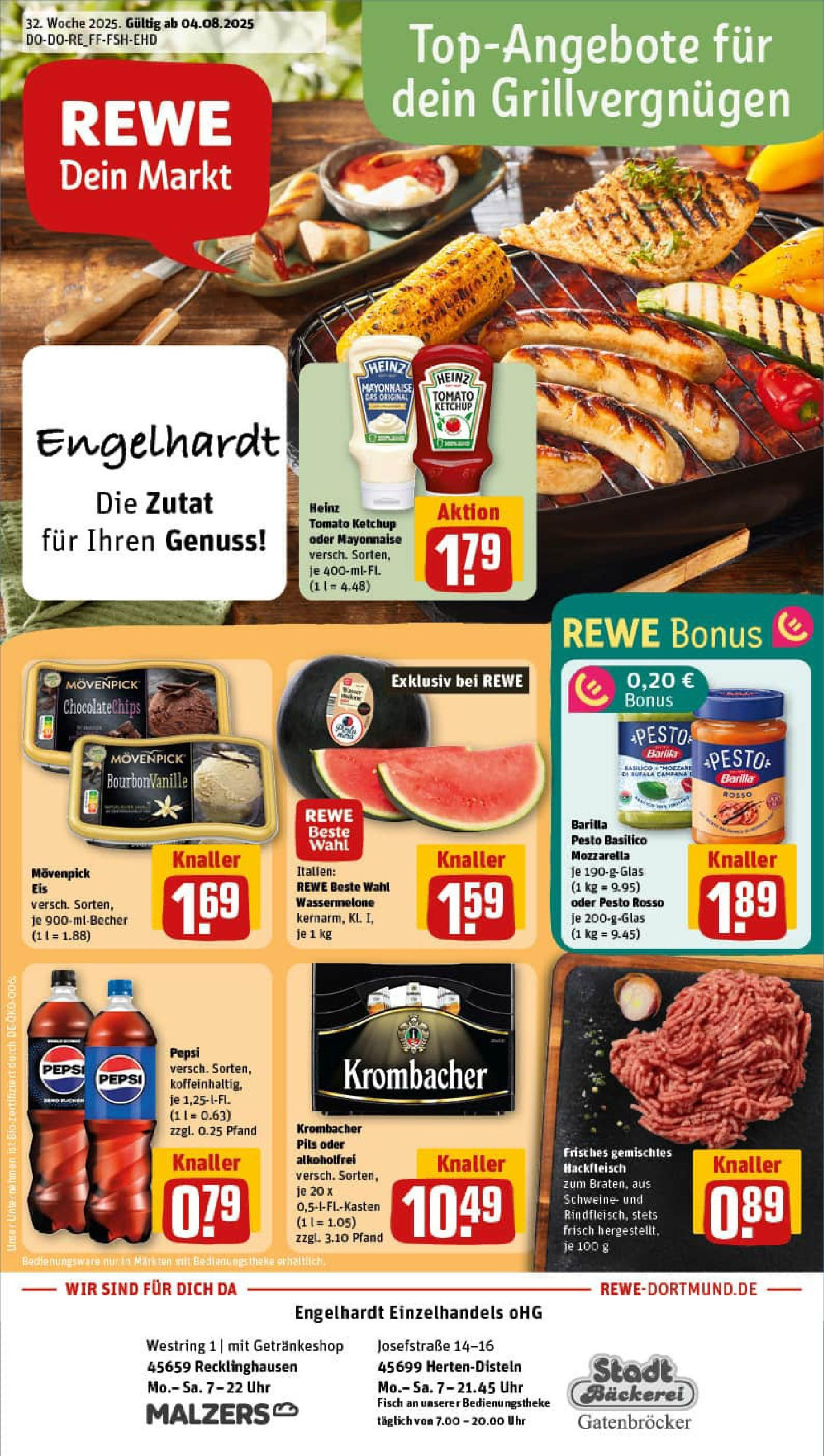 REWE Prospekt ab 03.08.2025 zum Blättern » Angebote | Seite: 1 | Produkte: Bäckerei, Barilla pesto, Fisch, Krombacher
