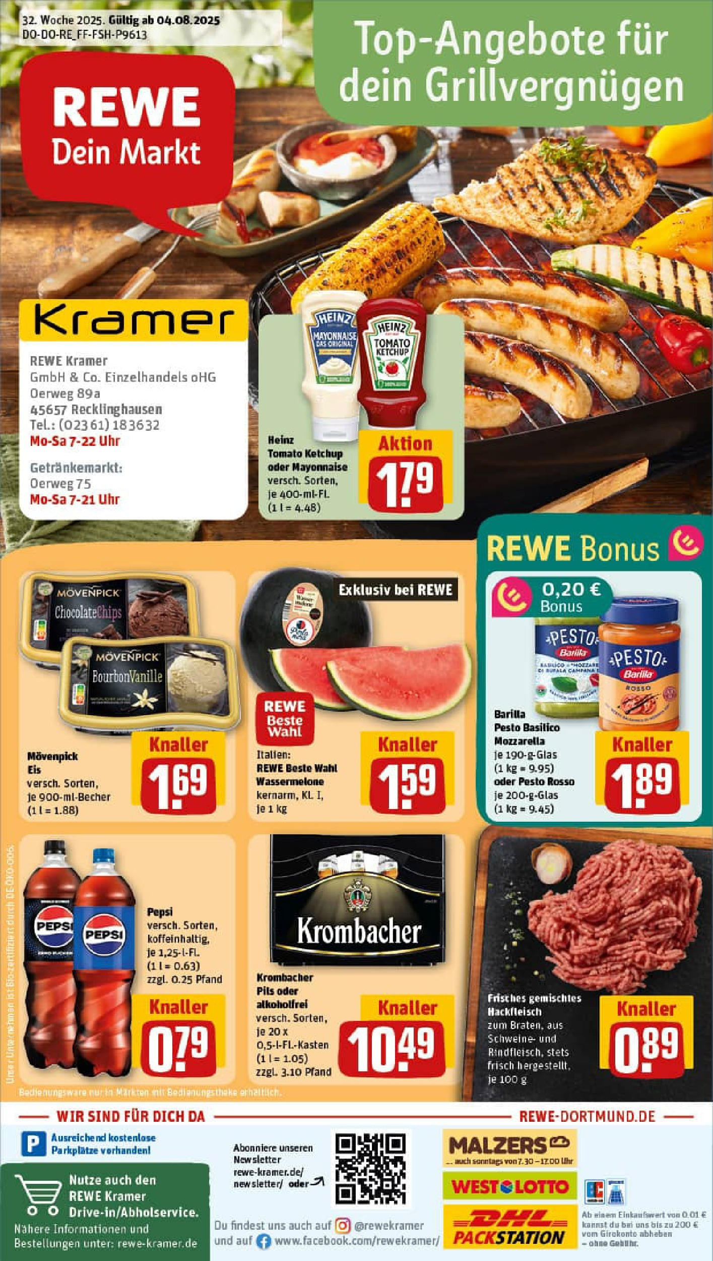 REWE Prospekt ab 03.08.2025 zum Blättern » Angebote | Seite: 1 | Produkte: Barilla, Pils, Pepsi, Hackfleisch