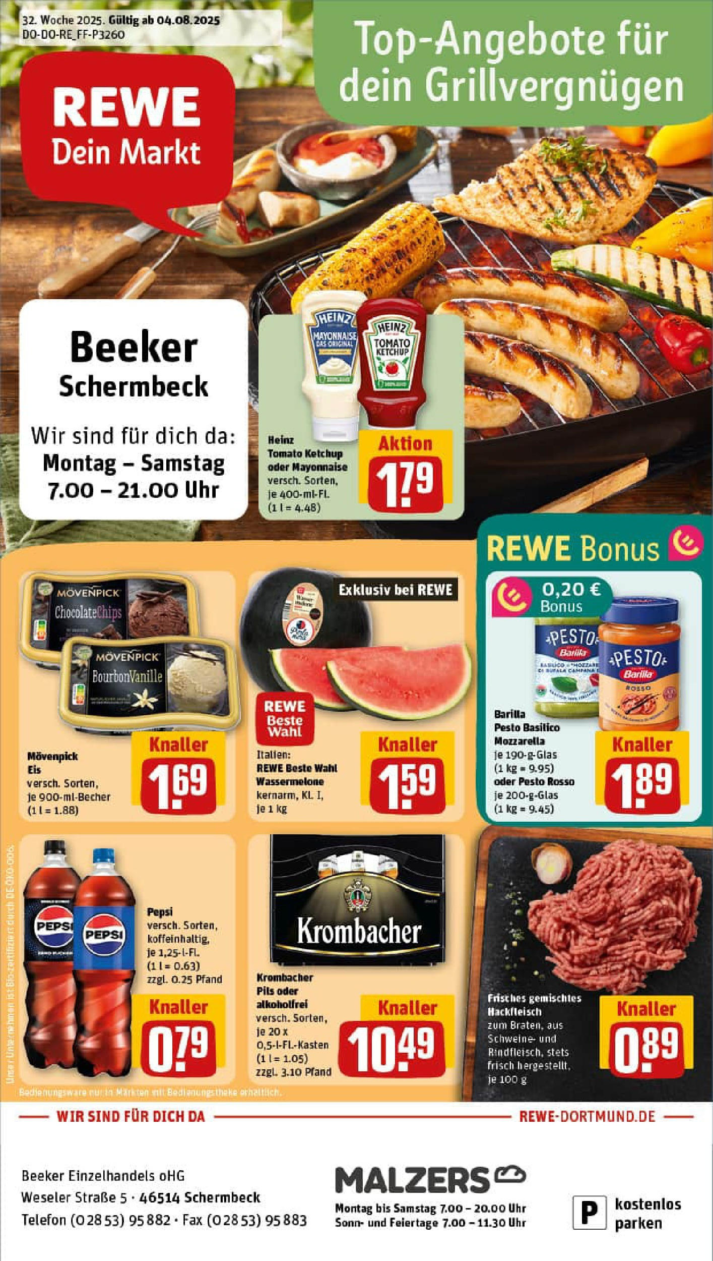 REWE Prospekt ab 03.08.2025 zum Blättern » Angebote | Seite: 1 | Produkte: Krombacher, Ketchup, Telefon, Hackfleisch