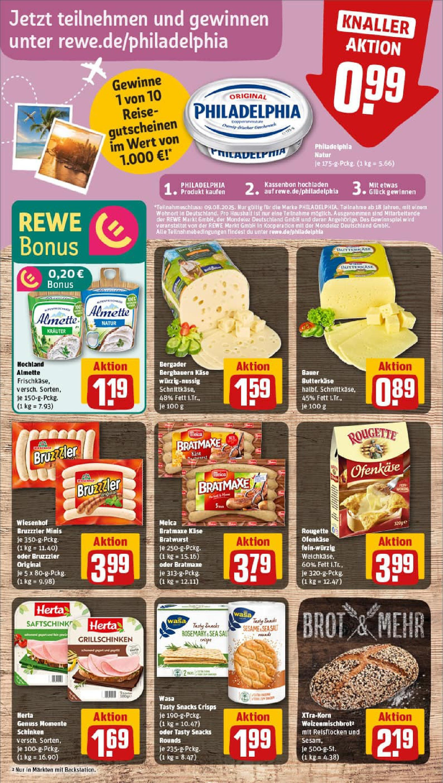 REWE Prospekt ab 03.08.2025 zum Blättern » Angebote | Seite: 11 | Produkte: Philadelphia, Rougette ofenkase, Brot, Schinken