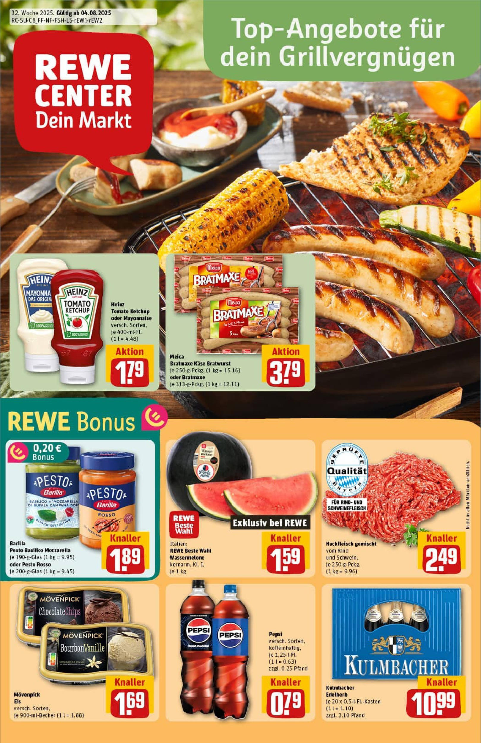 REWE Prospekt ab 03.08.2025 zum Blättern » Angebote | Seite: 1 | Produkte: Barilla pesto, Ketchup, Eis, Hackfleisch