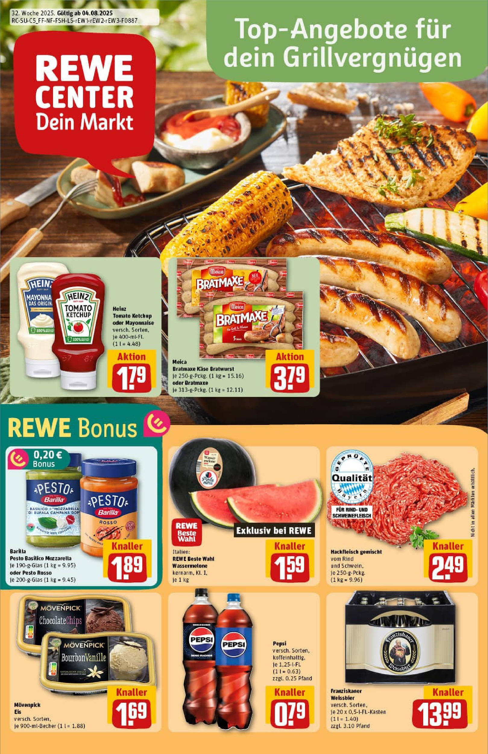REWE Prospekt ab 03.08.2025 zum Blättern » Angebote | Seite: 1 | Produkte: Käse, Barilla pesto, Bratwurst, Schweinefleisch REWE Prospekt ab 03.08.2025 zum Blättern » Angebote | Seite: 1 | Produkte: Käse, Barilla pesto, Bratwurst, Schweinefleisch