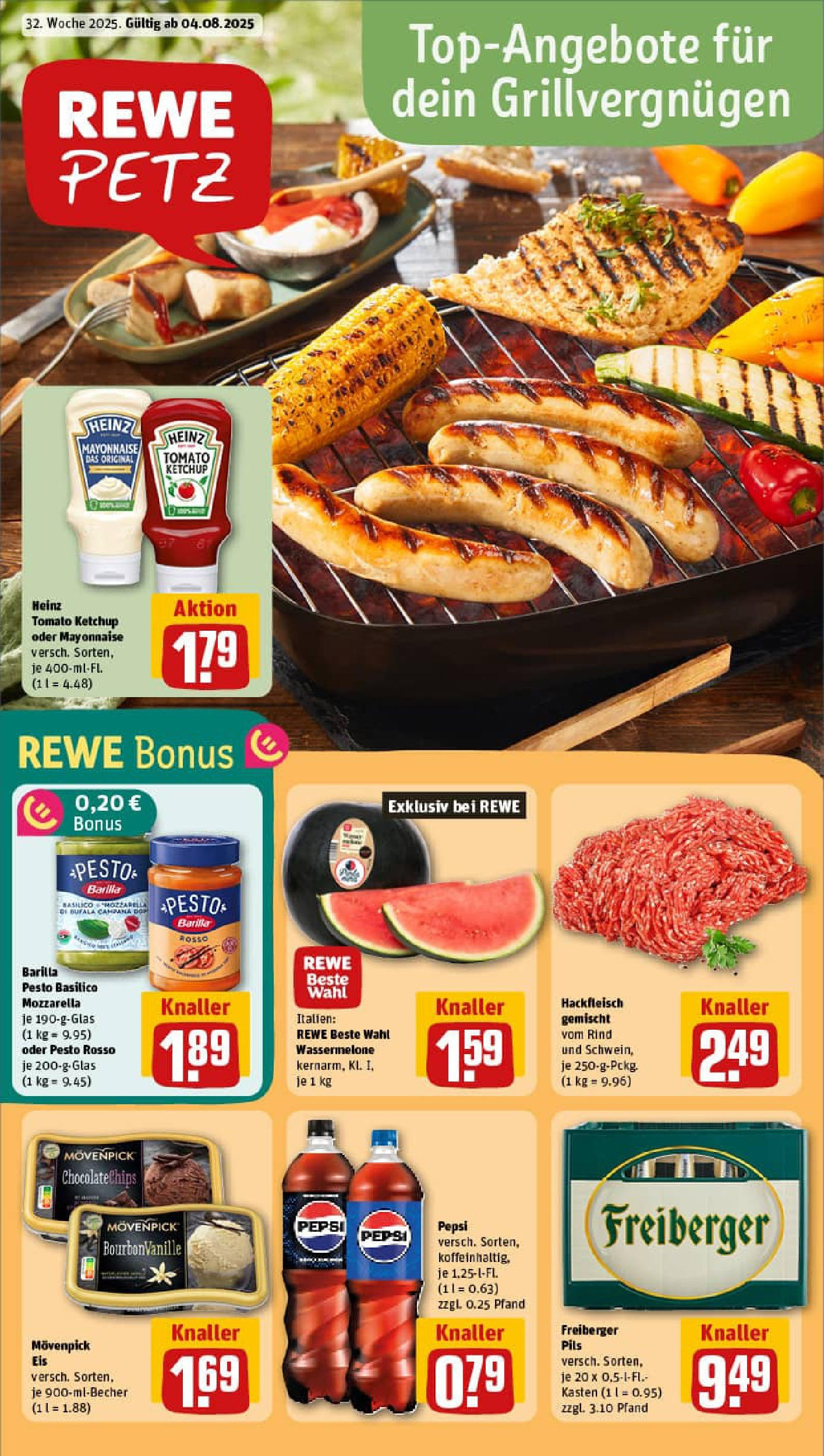 REWE Prospekt ab 03.08.2025 zum Blättern » Angebote | Seite: 1 | Produkte: Barilla pesto, Wassermelone, Ketchup, Hackfleisch REWE Prospekt ab 03.08.2025 zum Blättern » Angebote | Seite: 1 | Produkte: Barilla pesto, Wassermelone, Ketchup, Hackfleisch