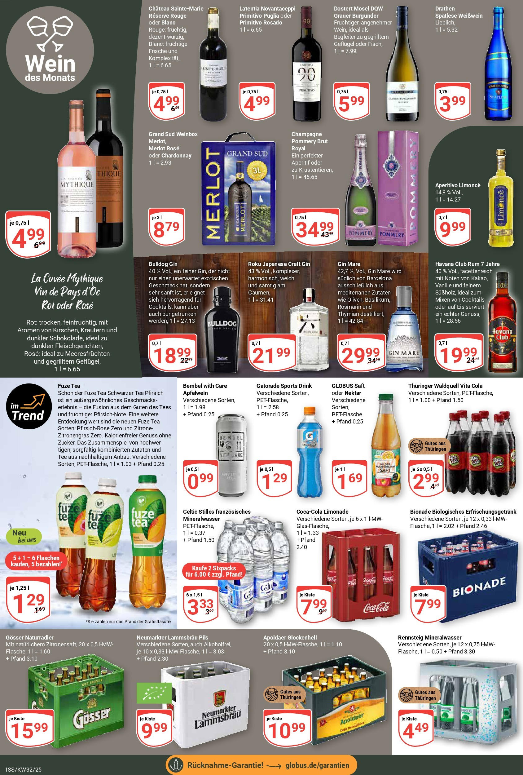 Globus prospekt Isserstedt	 (ab 03.08.2025) » Angebote online | Seite: 19 | Produkte: Fuze tea, Weißwein, Merlot, Rouge