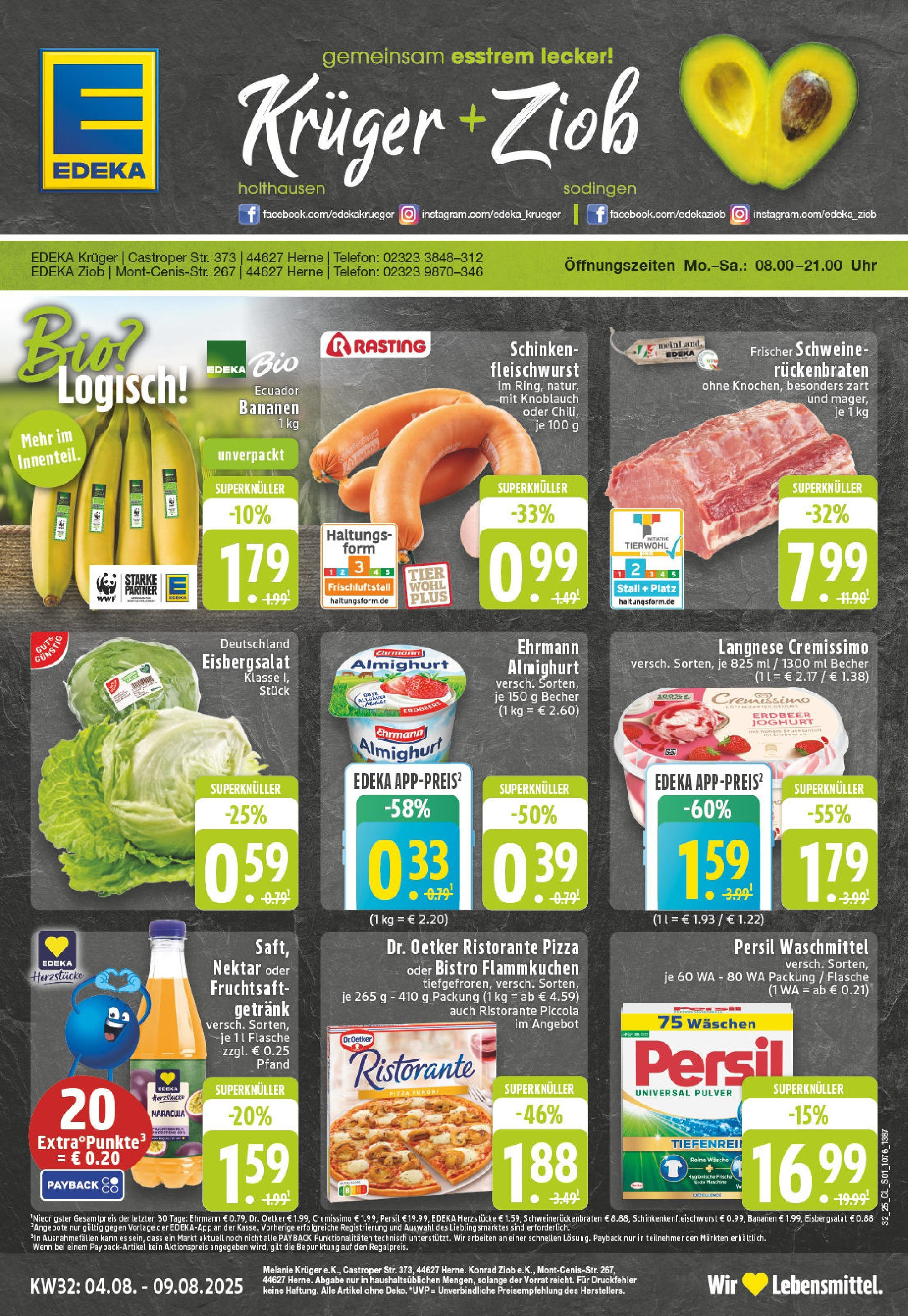 Edeka prospekt Herne-Sodingen (ab 03.08.2025) » Angebote Online | Seite: 1 | Produkte: Langnese, Bananen, Schinken, Uhr Edeka prospekt Herne-Sodingen (ab 03.08.2025) » Angebote Online | Seite: 1 | Produkte: Langnese, Bananen, Schinken, Uhr