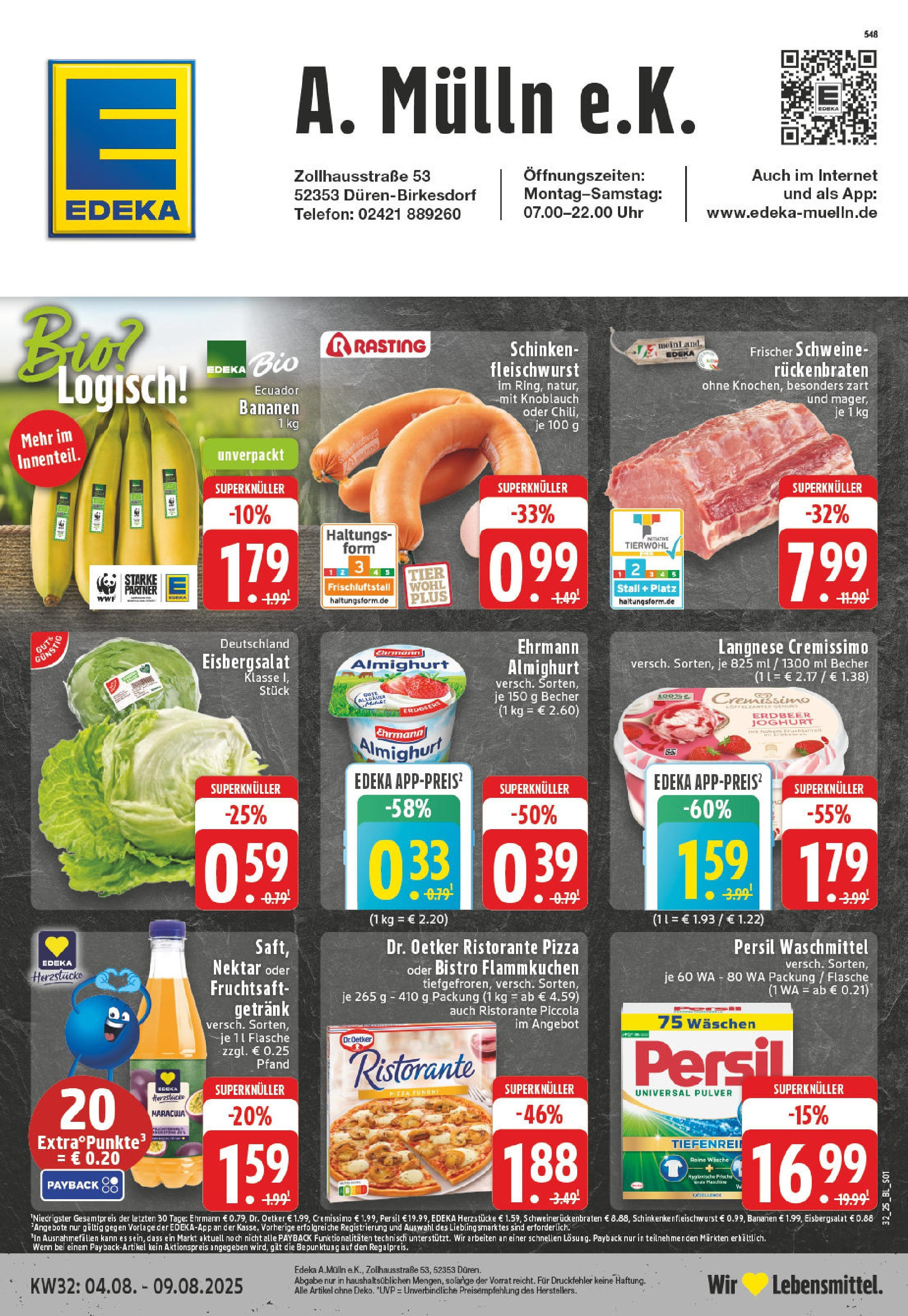 Edeka prospekt Düren-Birkesdorf	 (ab 03.08.2025) » Angebote Online | Seite: 1 | Produkte: Langnese cremissimo, Bananen, Uhr, Persil
