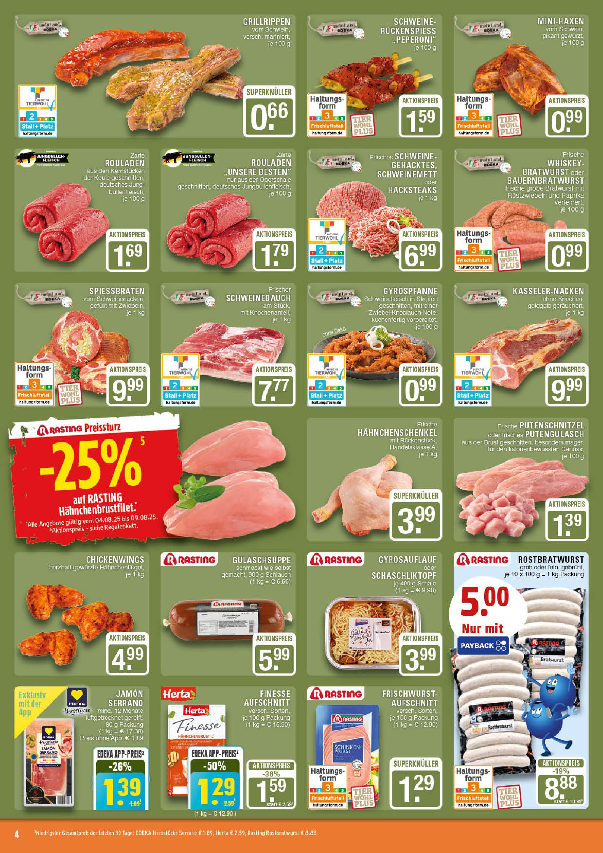 Edeka prospekt Marl (ab 03.08.2025) » Angebote Online | Seite: 4 | Produkte: Bratwurst, Putenschnitzel, Schweinefleisch, Hahnchenbrust Edeka prospekt Marl (ab 03.08.2025) » Angebote Online | Seite: 4 | Produkte: Bratwurst, Putenschnitzel, Schweinefleisch, Hahnchenbrust