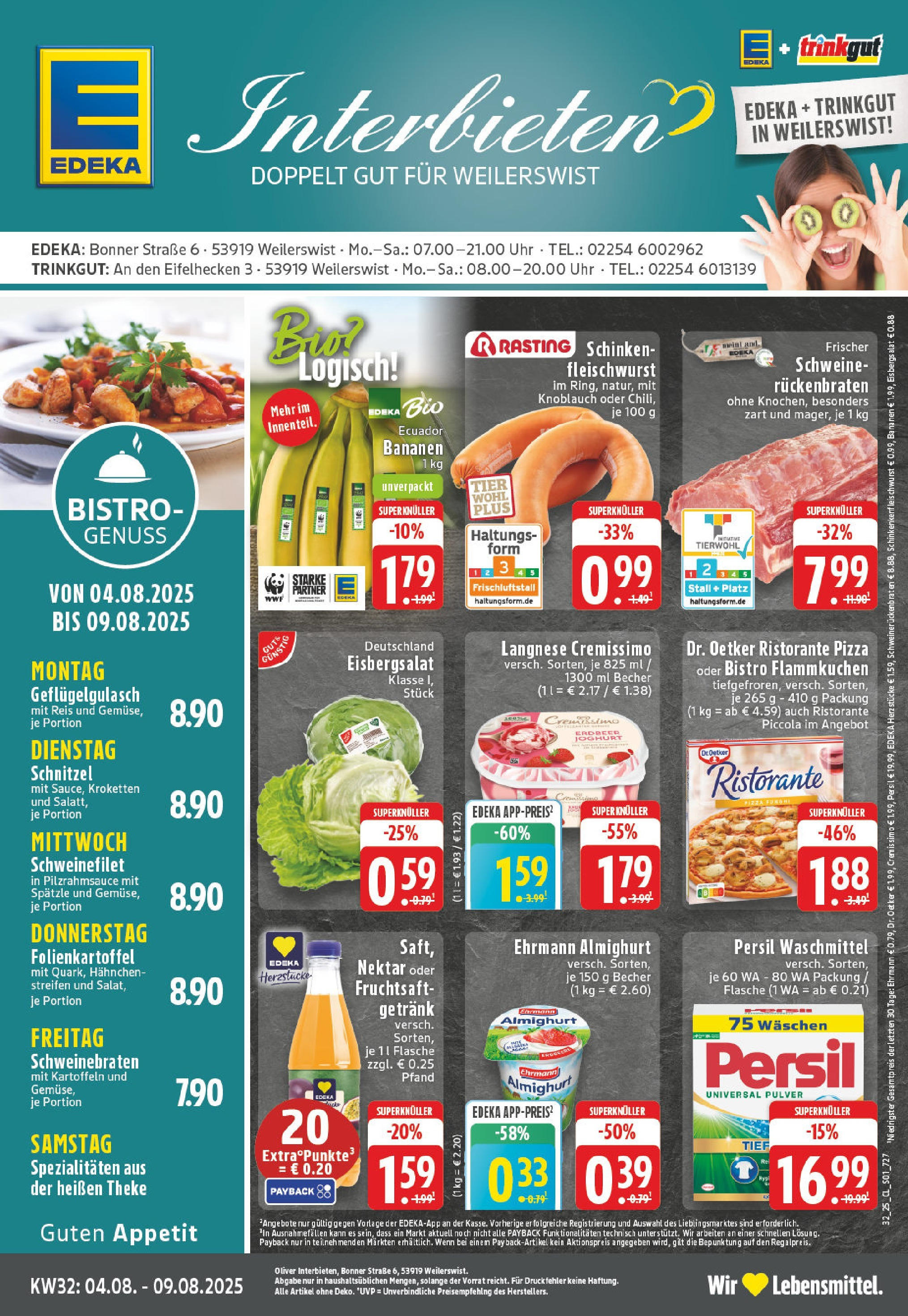 Edeka prospekt Weilerswist	 (ab 03.08.2025) » Angebote Online | Seite: 1 | Produkte: Ristorante, Langnese cremissimo, Hahnchen, Theke