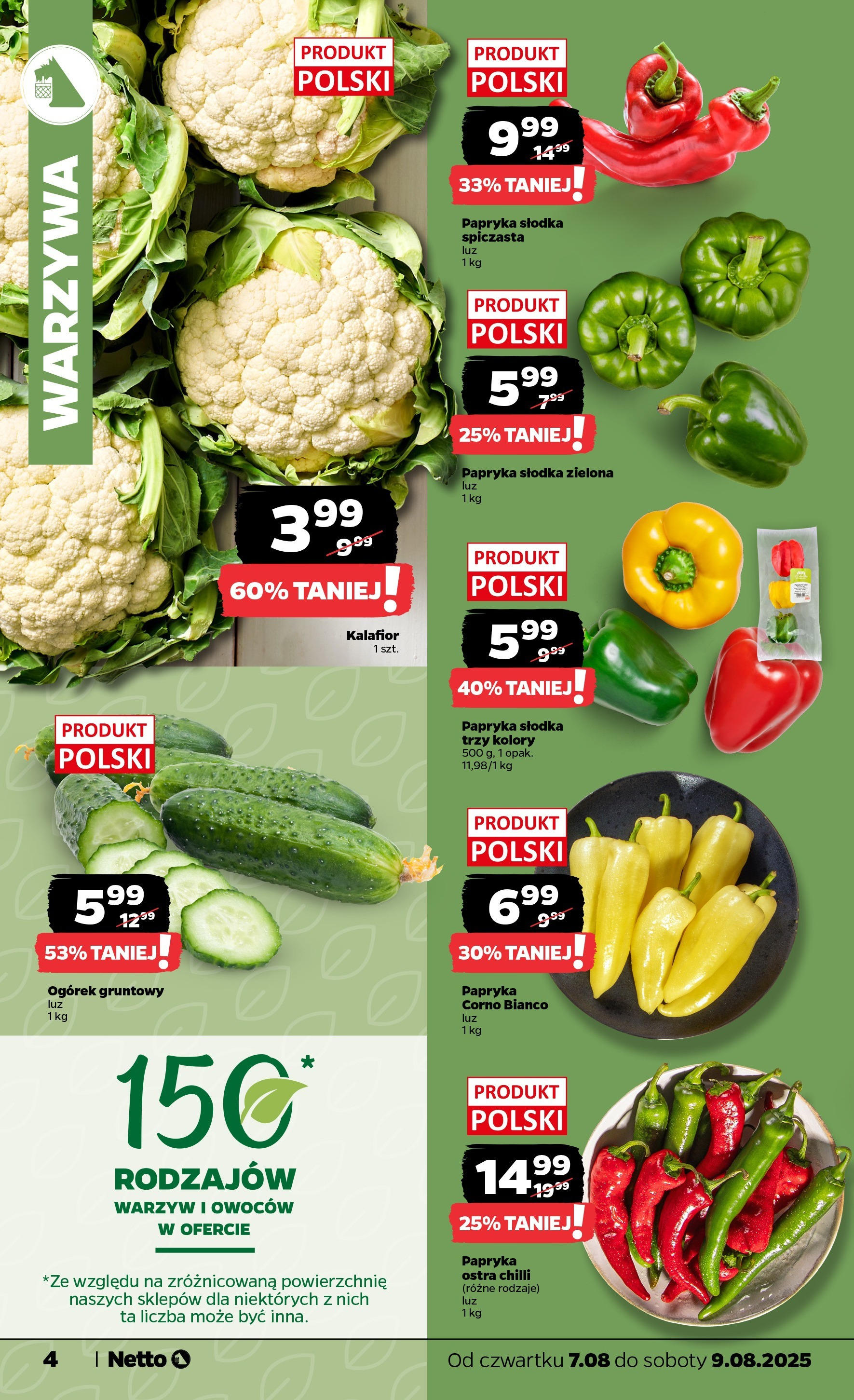 Netto gazetka - Spożywcza od 07.08.2025 | Promocje | Strona: 4 | Produkty: Kalafior, Papryka, Warzywa Netto gazetka - Spożywcza od 07.08.2025 - Aktualne promocje | Strona: 4 | Produkty: Kalafior, Papryka, Warzywa