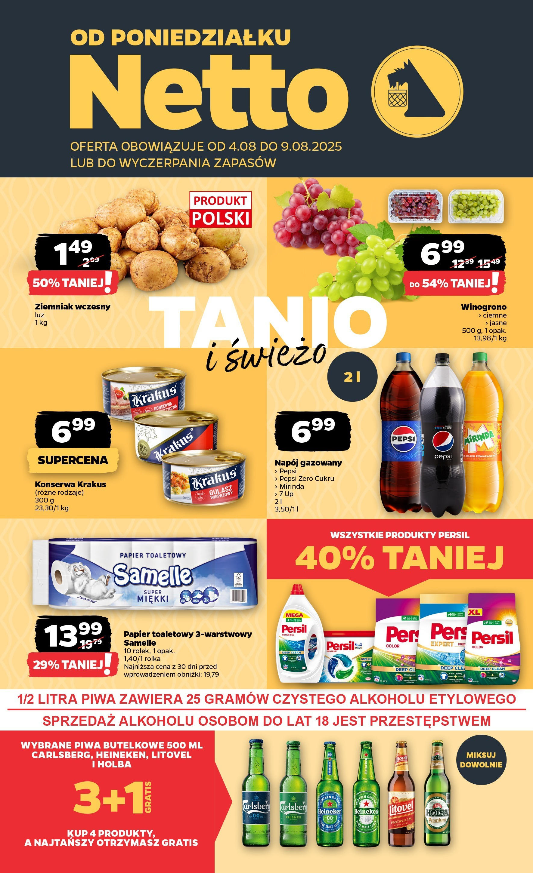 Netto gazetka od 04.08.2025 | Promocje | Strona: 1 | Produkty: Papier toaletowy, Persil, Gulasz, Heineken Netto gazetka od 04.08.2025 - Aktualne promocje | Strona: 1 | Produkty: Papier toaletowy, Persil, Gulasz, Heineken