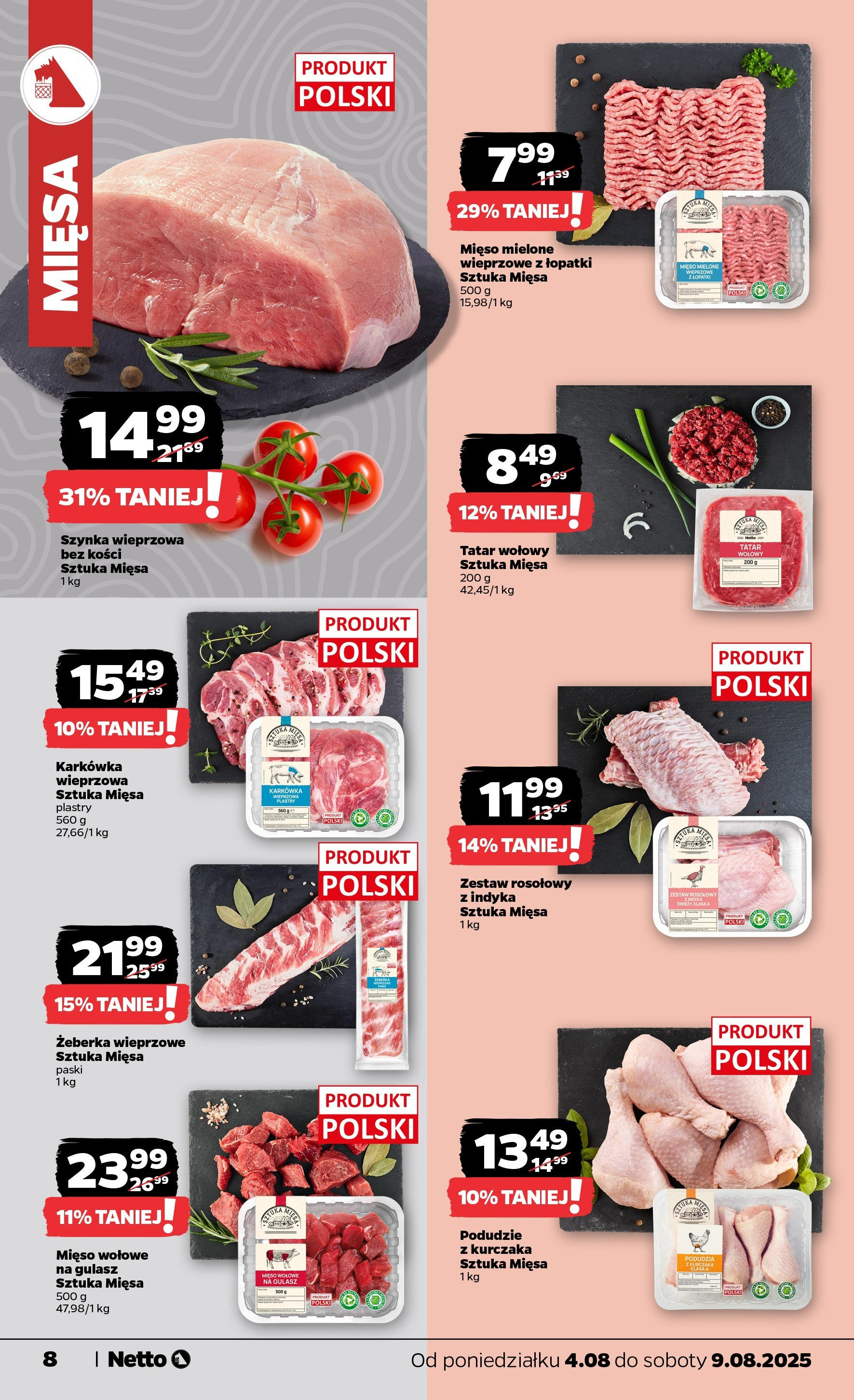 Netto gazetka od 04.08.2025 | Promocje | Strona: 8 | Produkty: Tatar wołowy, Szynka wieprzowa, Mięso mielone, Szynka Netto gazetka od 04.08.2025 - Aktualne promocje | Strona: 8 | Produkty: Tatar wołowy, Szynka wieprzowa, Mięso mielone, Szynka