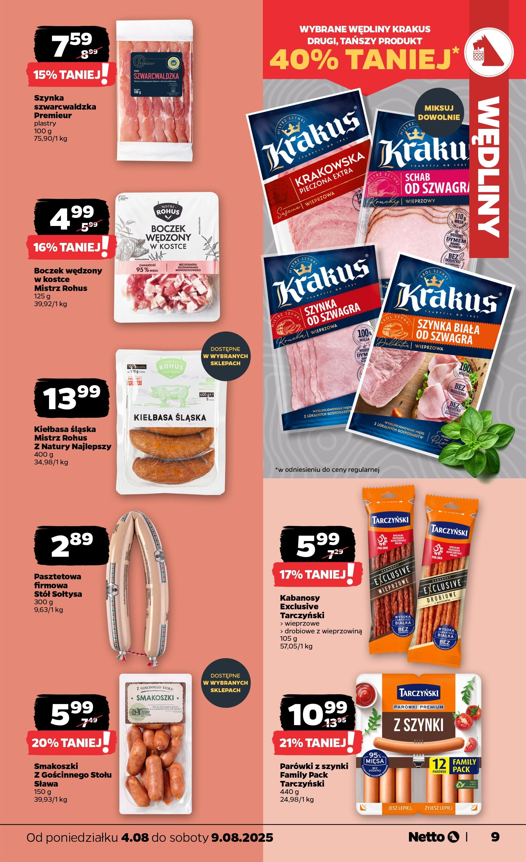 Netto gazetka od 04.08.2025 | Promocje | Strona: 9 | Produkty: Parówki, Szynka, Boczek wędzony, Stół Netto gazetka od 04.08.2025 - Aktualne promocje | Strona: 9 | Produkty: Parówki, Szynka, Boczek wędzony, Stół
