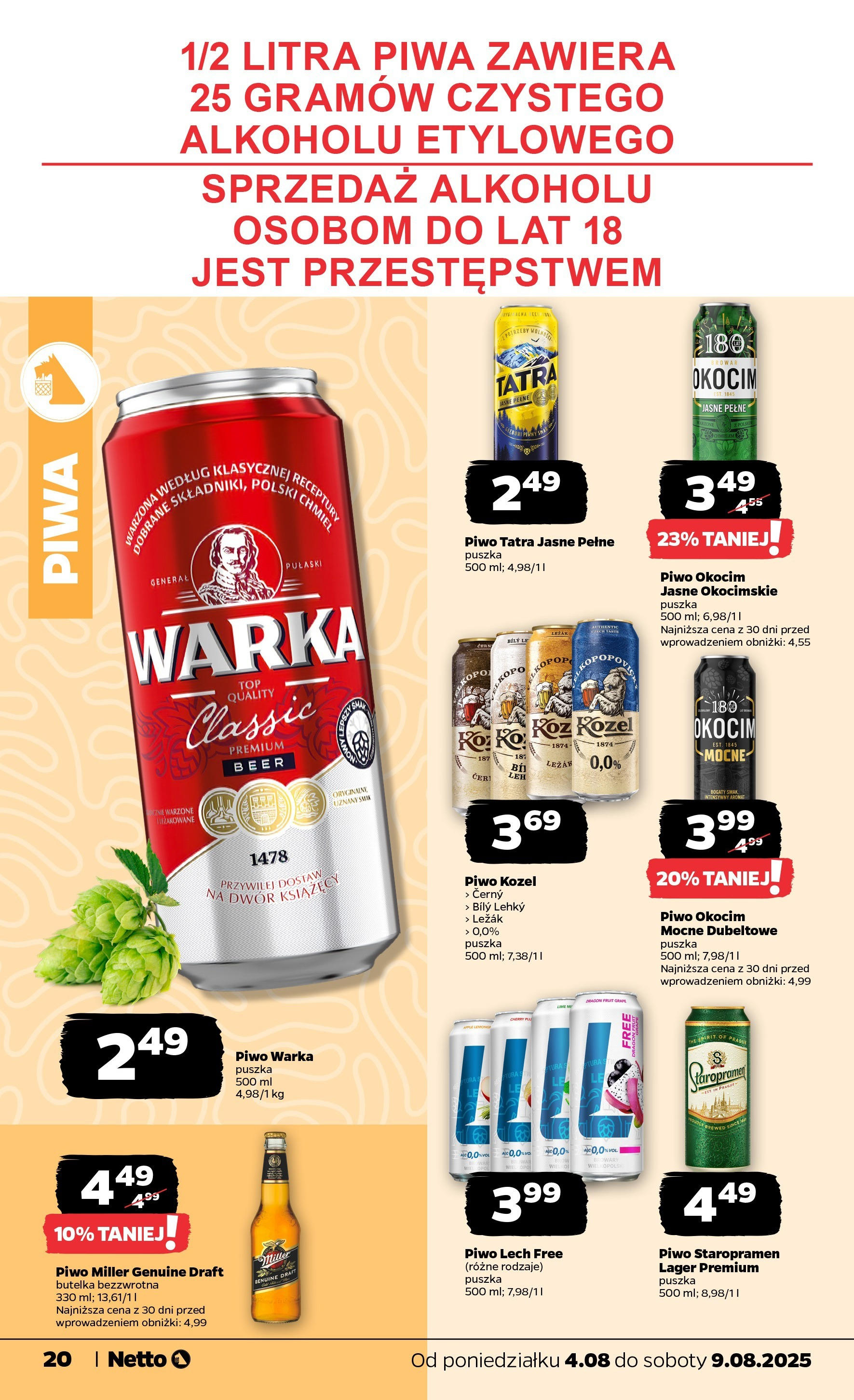 Netto gazetka od 04.08.2025 | Promocje | Strona: 20 | Produkty: Leżak, Piwo Warka, Piwo Staropramen, Piwo Netto gazetka od 04.08.2025 - Aktualne promocje | Strona: 20 | Produkty: Leżak, Piwo Warka, Piwo Staropramen, Piwo
