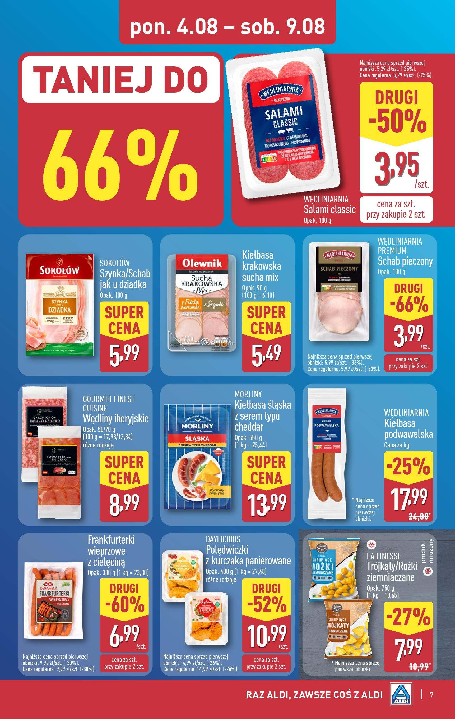 Aldi Gazetka od 04.08.2025 | Nowa PDF gazetka | Strona: 7 | Produkty: Frankfurterki, Salami, Wędliny, Schab pieczony Aldi Gazetka od 04.08.2025 - Ulotka PDF, promocje | Strona: 7 | Produkty: Frankfurterki, Salami, Wędliny, Schab pieczony
